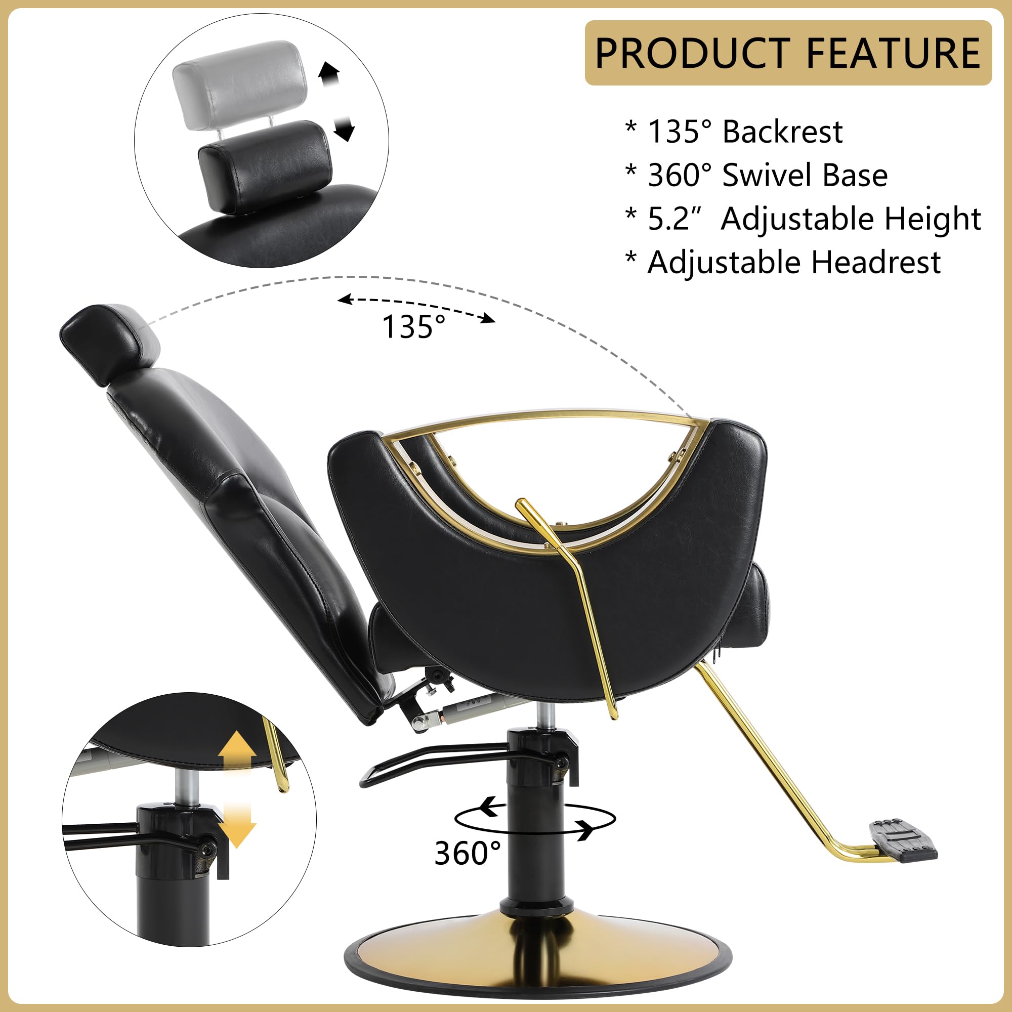 Professional Hydraulic Barber Chair - 360° Swivel Reclining Salon Chair with Adjustable Height for Hair Styling, Shampoo & Spa Treatments (Black) - Perfect for Barbershops, Salons & Home Styling Stations