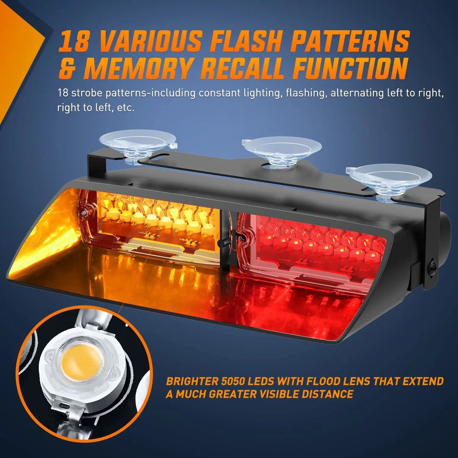 8 Inch 16 LED Emergency Strobe Light - Amber & Red Hazard Warning Light for Trucks, Vehicles, Construction Safety - Ideal for Roadside Emergencies, Work Zones & Off-Road Use