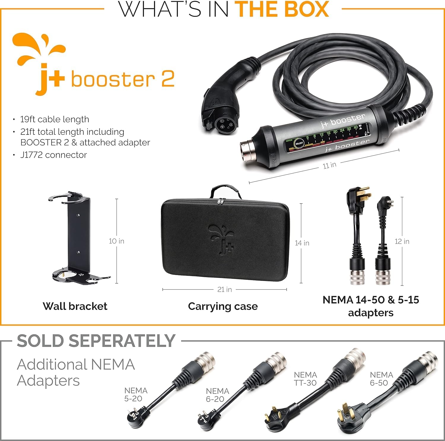 J+ Portable Level 2 EV Charger 40 Amp (J1772, 9.6KW) - 240V Electric Vehicle Charging Station with NEMA 14-50 & 5-15 Plugs - ETL Certified, IP67 Waterproof, 25ft Cable for Indoor/Outdoor Use - Perfect for Home, Office & Road Trip Charging