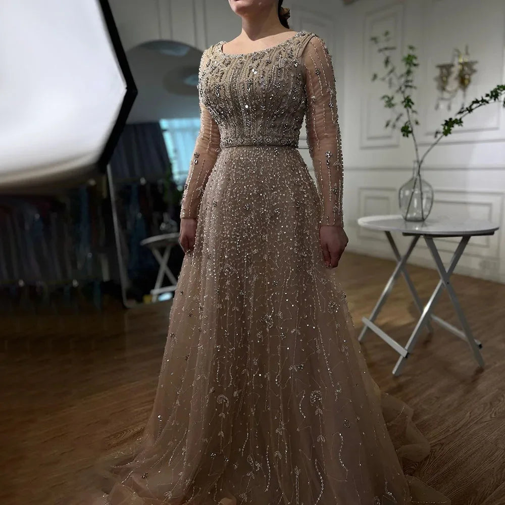Luxury Dubai Arabic Designer Beaded A-Line Evening Gown for Women - Elegant Nude Wedding & Party Dress LA72088 | Perfect for Formal Events, Galas & Special Occasions