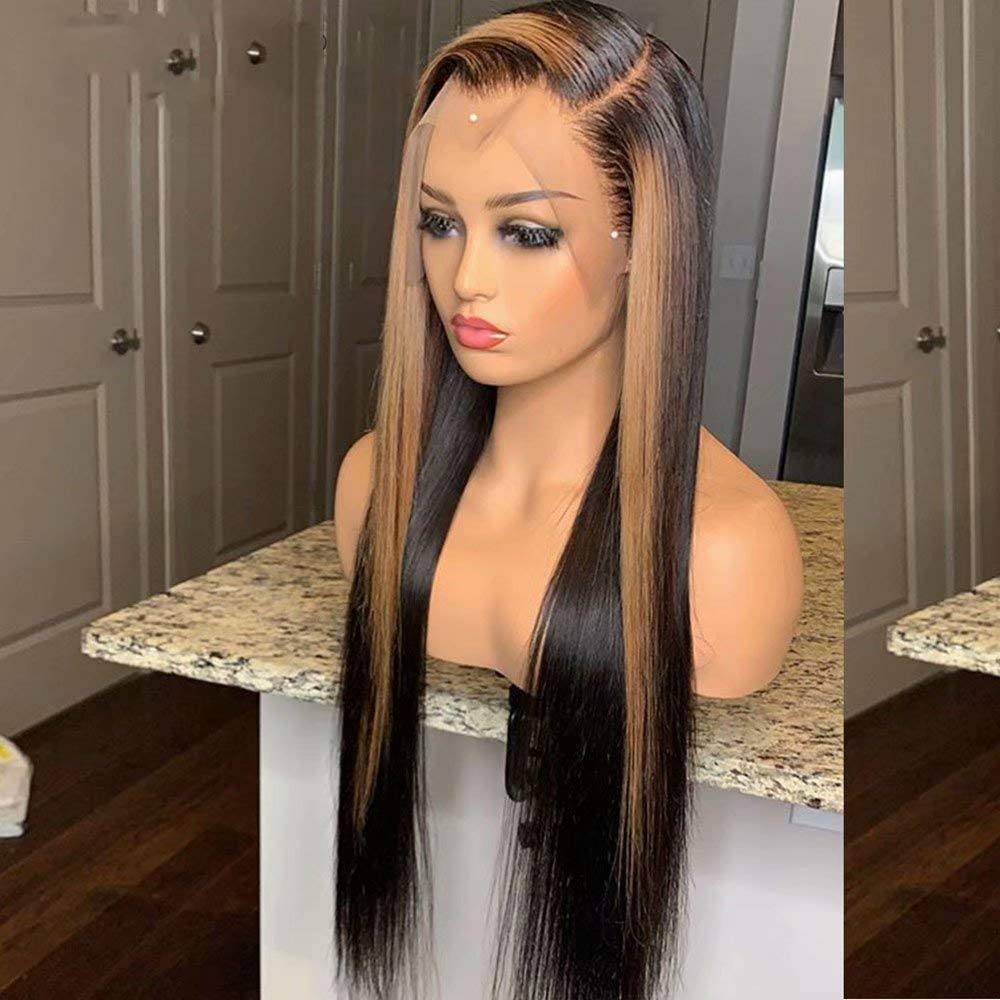 13x6 HD Transparent Lace Front Wig - Ombre Highlights Brazilian Virgin Human Hair | Pre-Plucked with Baby Hair & Bleached Knots | Straight Human Hair Wig for Women | Perfect for Daily Wear, Cosplay & Special Events