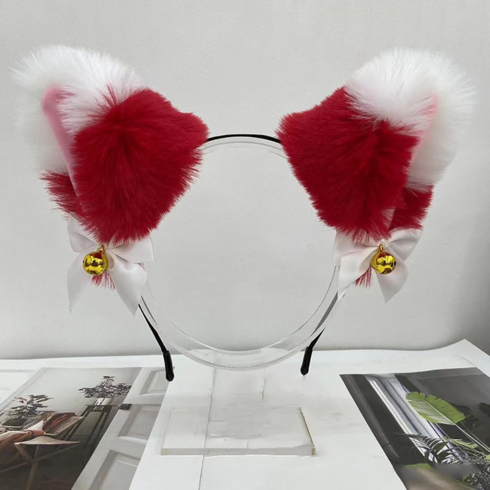 Cute Plush Cat Ears Headband with Bows & Bells - Anime Cosplay Hair Accessories for Halloween, Parties & Costume Events - Soft White Cat Ear Hairband for Women & Girls
