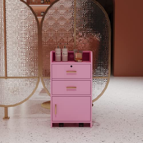 Lockable Pink Beauty Salon Storage Cabinet with Hair Dryer Holders, 2 Drawers & 1 Cabinet - Styling Station for Salon, Spa & Barber Shop | Perfect for Organizing Tools, Styling Products & Equipment