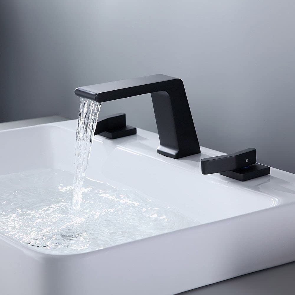 Matte Black Waterfall Widespread Bathroom Sink Faucet - Contemporary 3 Hole Double Handle Solid Brass Bathroom Faucet for Vanity Sink - Perfect for Modern Home, Hotel, and Luxury Bathroom Renovation