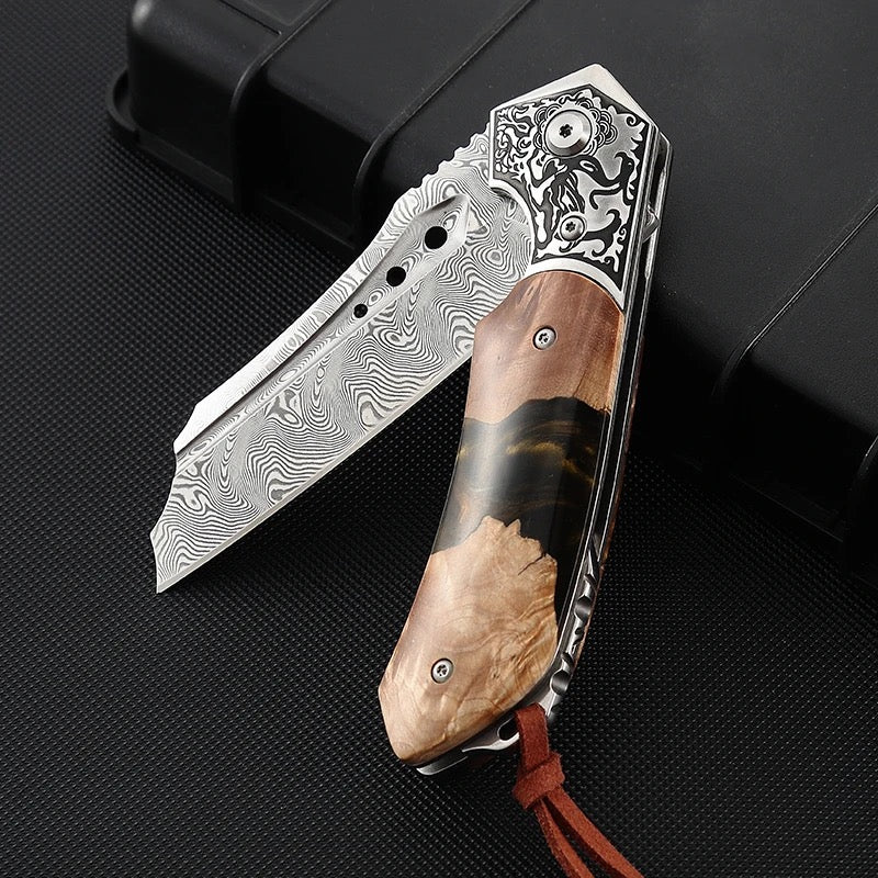 Premium Damascus Steel Pocket Knife - Exotic Olive Burl Wood & Resin Handle - EDC Folding Knife for Camping, Hiking, Survival & Outdoor Adventures
