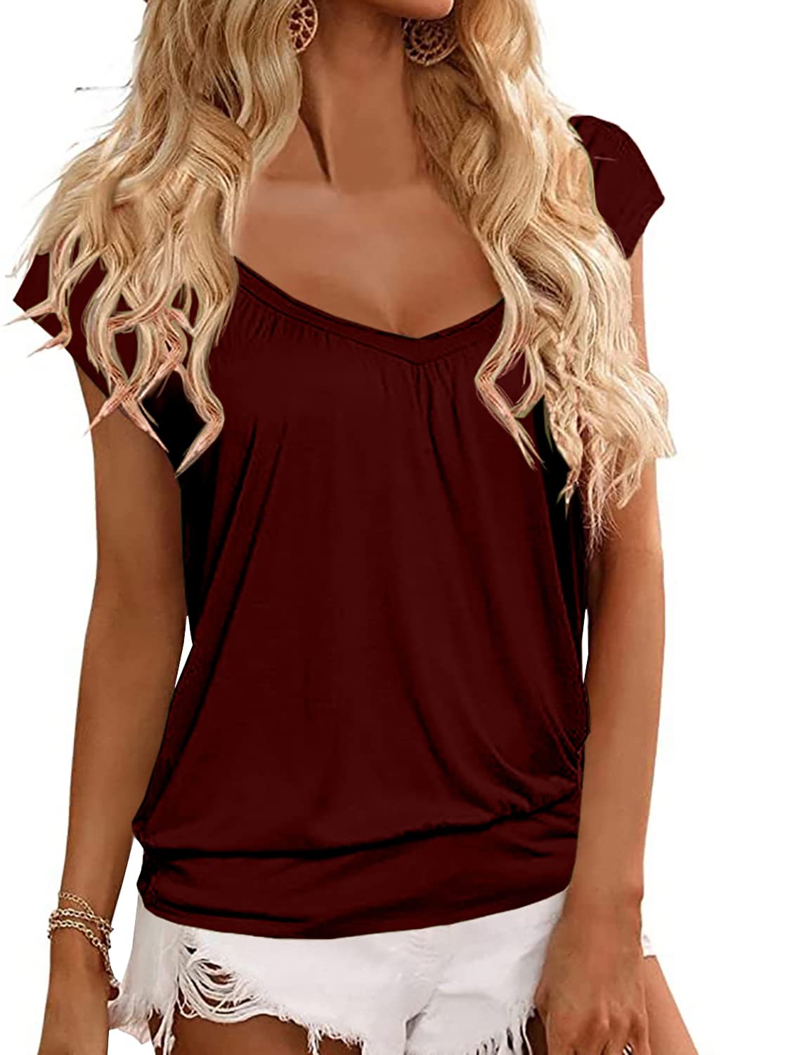 Veatzaer Women's V-Neck T-Shirt - Cap Sleeve Summer Casual Top with Banded Bottom & Loose Fit - Perfect for Beach Outings, Weekend Wear and Layering Under Jackets