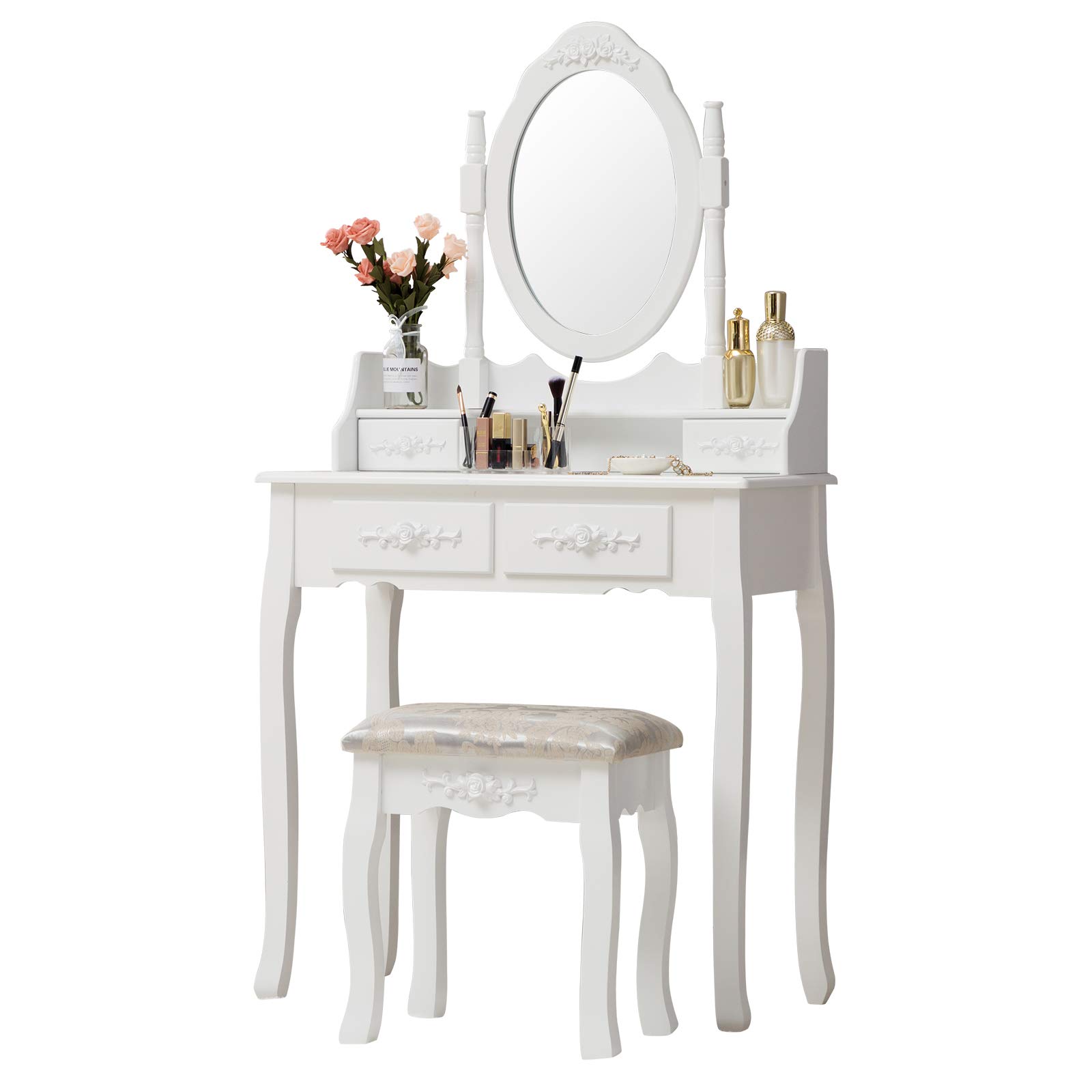 HONBAY White Makeup Vanity Table Set with Oval Mirror, 4 Drawers & Cushioned Stool - Perfect Dressing Table for Bedroom, Bathroom, or Beauty Salon