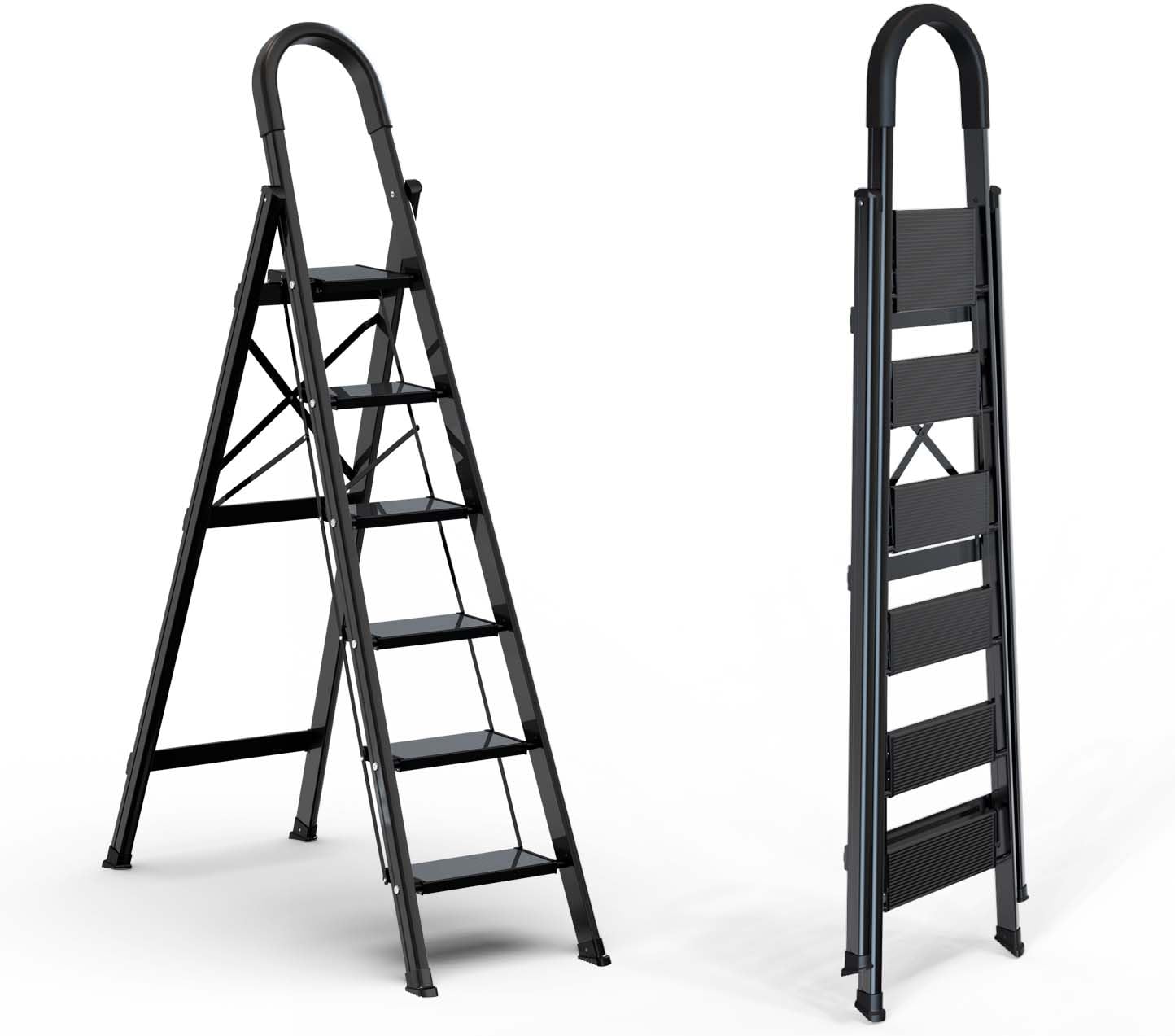 Lightweight Aluminum 6 Step Folding Ladder with Anti-Slip Wide Pedal - Space Saving Step Stool for Home, Kitchen, Garage & Office Use (Black)