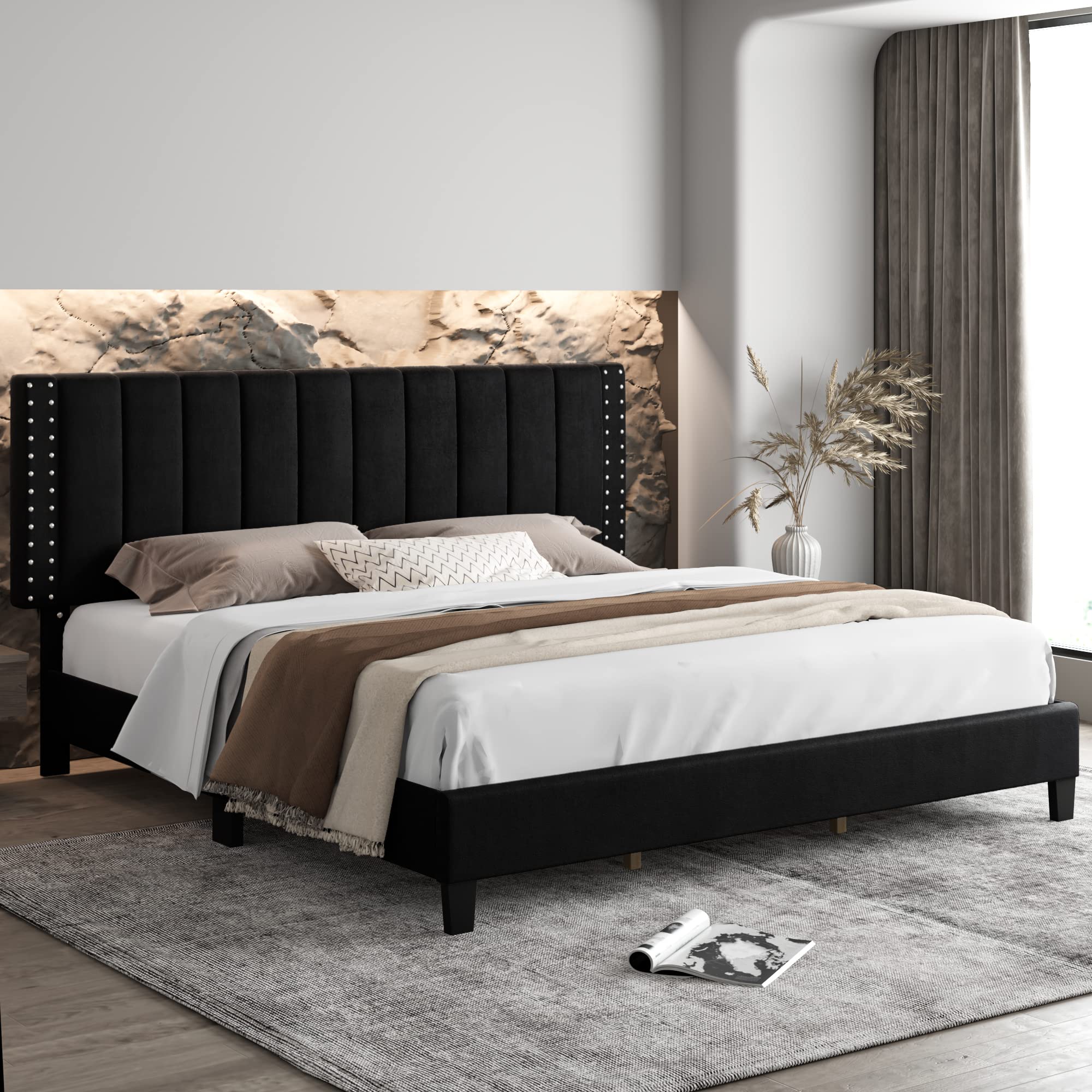 Queen Size Platform Bed Frame - Heavy Duty Upholstered Bed with Adjustable Headboard, Modern Mattress Foundation with Wood Slat Support in Black | Perfect for Master Bedroom, Guest Room & Small Space Bedroom Decor
