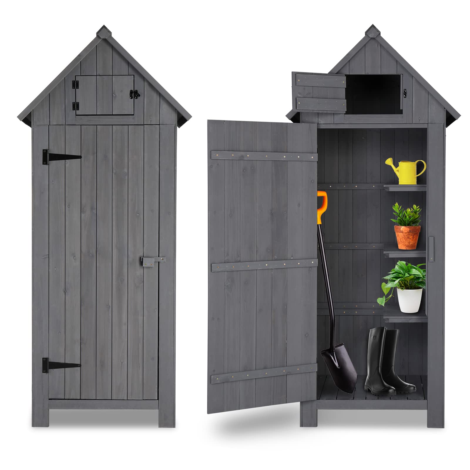 Outvita 70 Inch Waterproof Wooden Outdoor Storage Shed - Lockable Garden Tool Cabinet for Backyard, Lawn & Patio Organization (Grey) | Perfect for Storing Gardening Tools, Lawn Equipment & Seasonal Decor