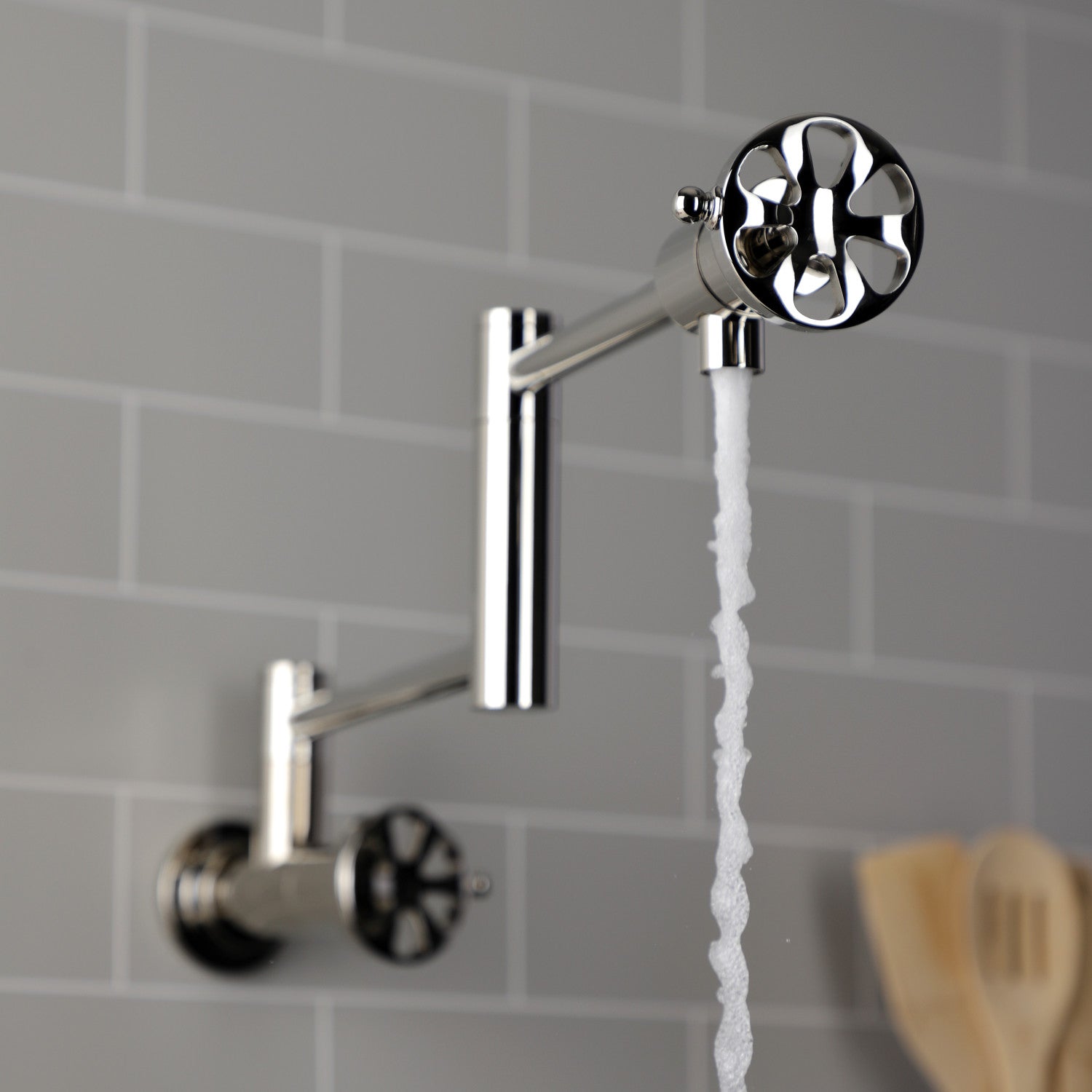 Belknap KS4106RX Two Handle Wall Mount Pot Filler Faucet - Polished Nickel Finish - Ideal for Kitchen Sink, Stove & Cooking Area