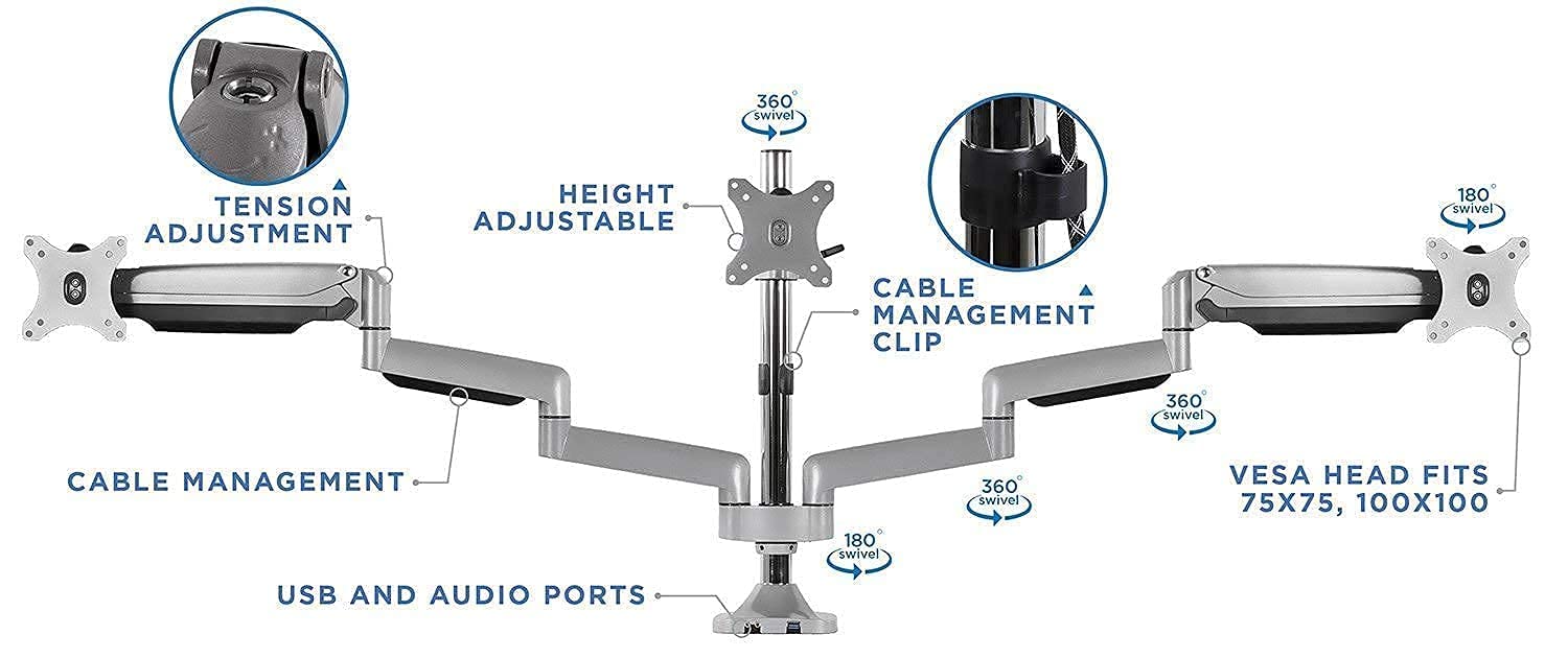 Mount-It! Triple Monitor Stand with Adjustable Height Arms for 24-32 Inch Screens, Under Desk Keyboard Tray with Gel Wrist Pad & USB/Audio Ports - Perfect for Home Office, Gaming Setup & Workstation Ergonomics (18.2