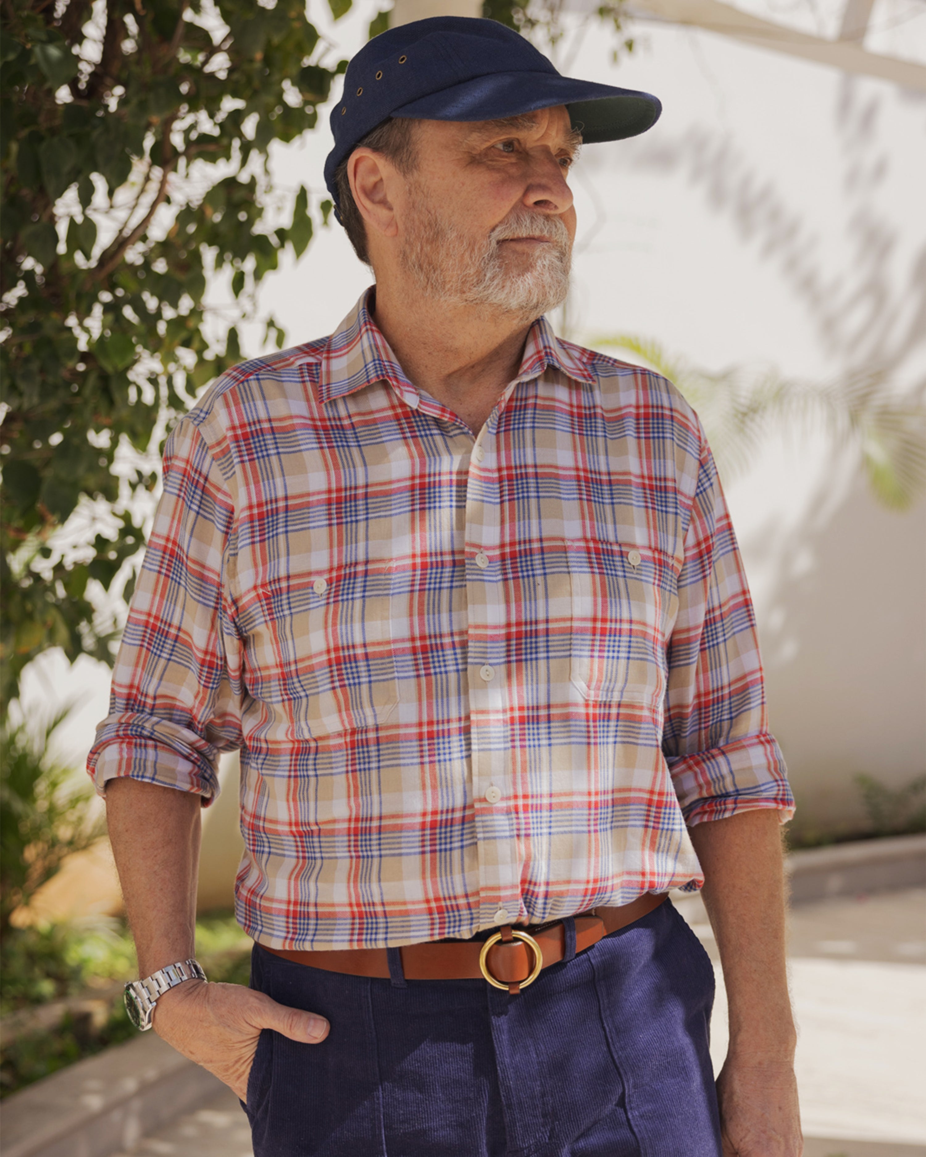 Premium Coastal Cotton Twill Shirt - Khaki & Denim Plaid Pattern | Casual Button-Up Shirt for Men | Perfect for Beach Outings, Summer Travel & Outdoor Adventures