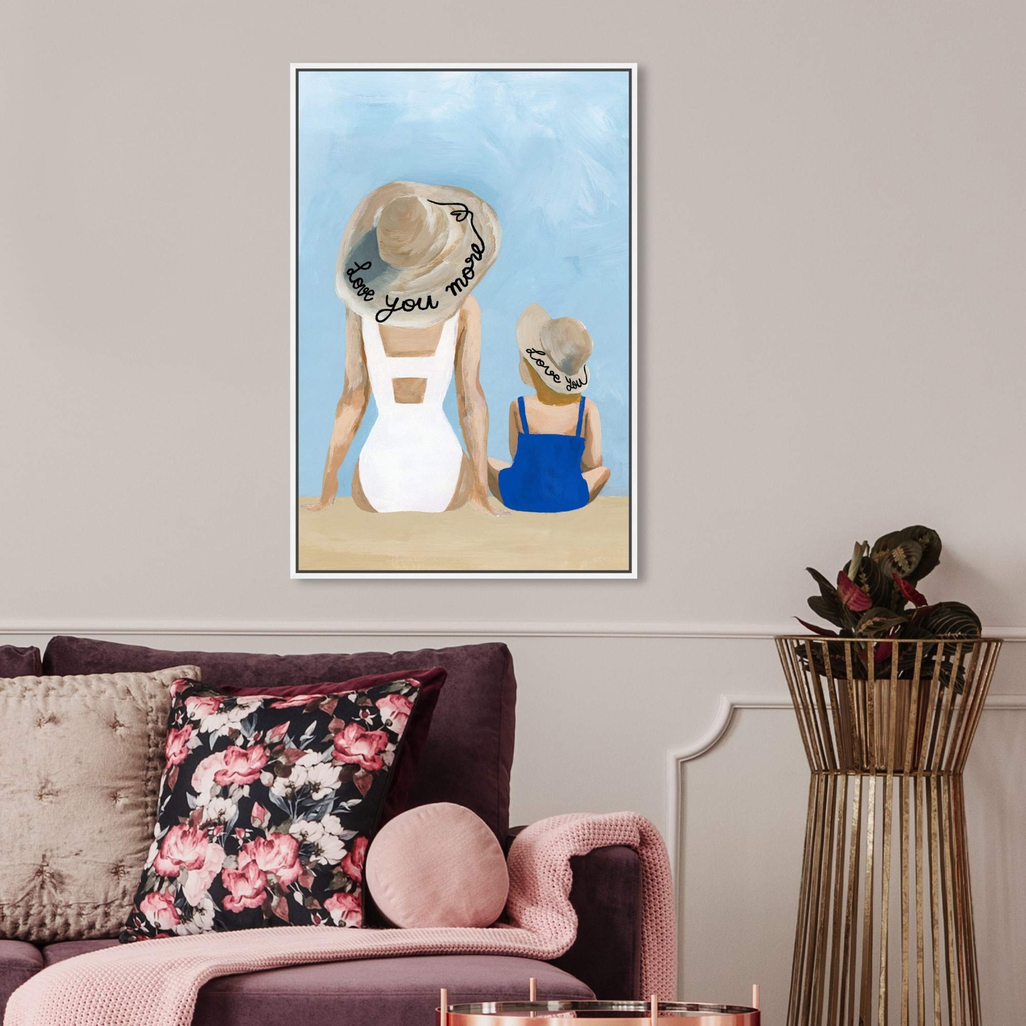 Oliver Gal Artist Co. 'Love You More' Swimsuit Wall Art - 20x30 Inch Blue & White Framed Canvas Print for Beach House Decor, Bedroom & Bathroom Wall Decor - Fashion Glam Home Décor