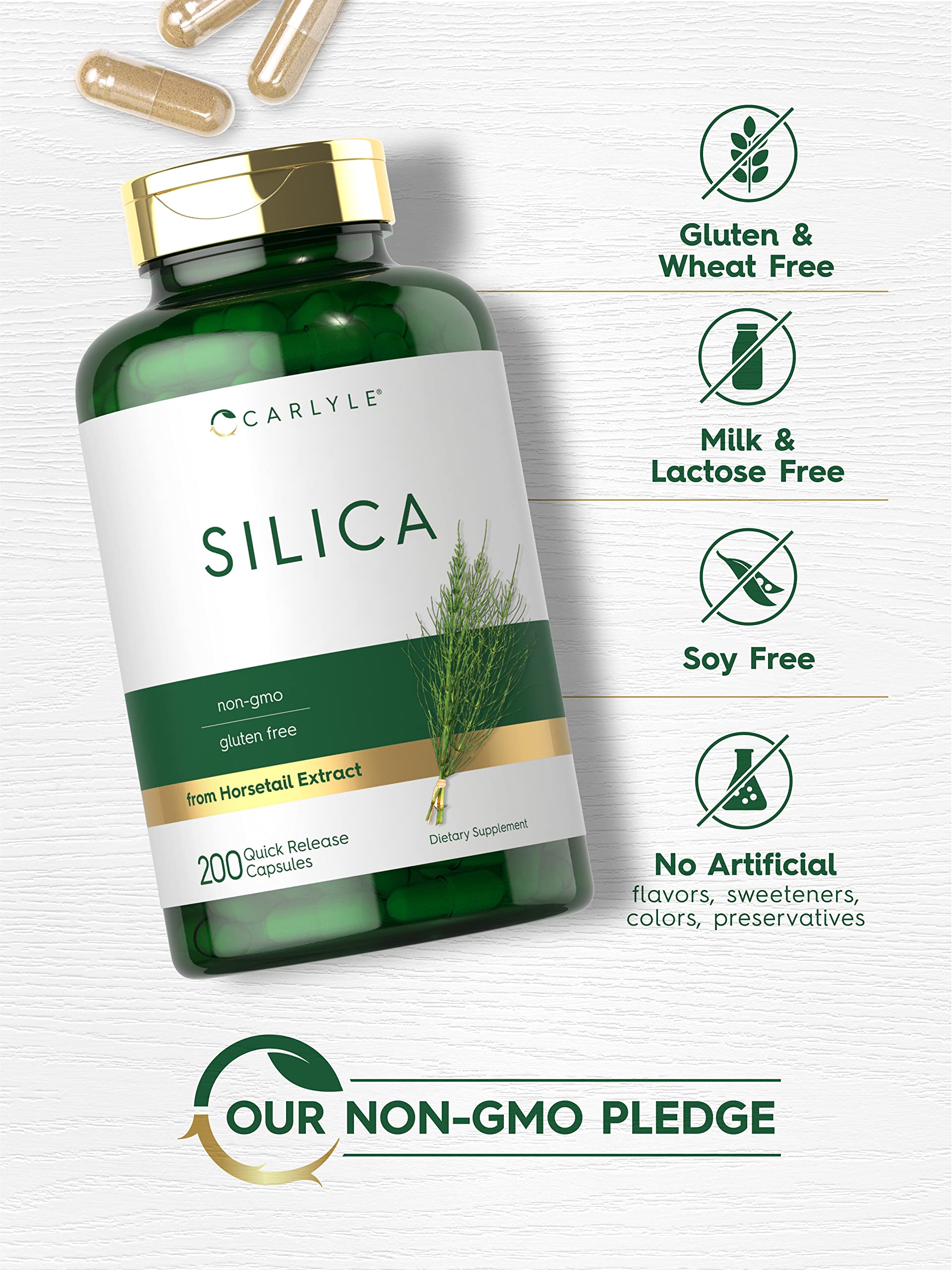 Carlyle Silica Supplement Capsules 200 Count | Natural Horsetail Extract | Non-GMO, Gluten Free | Supports Hair, Skin & Nail Health for Women & Men