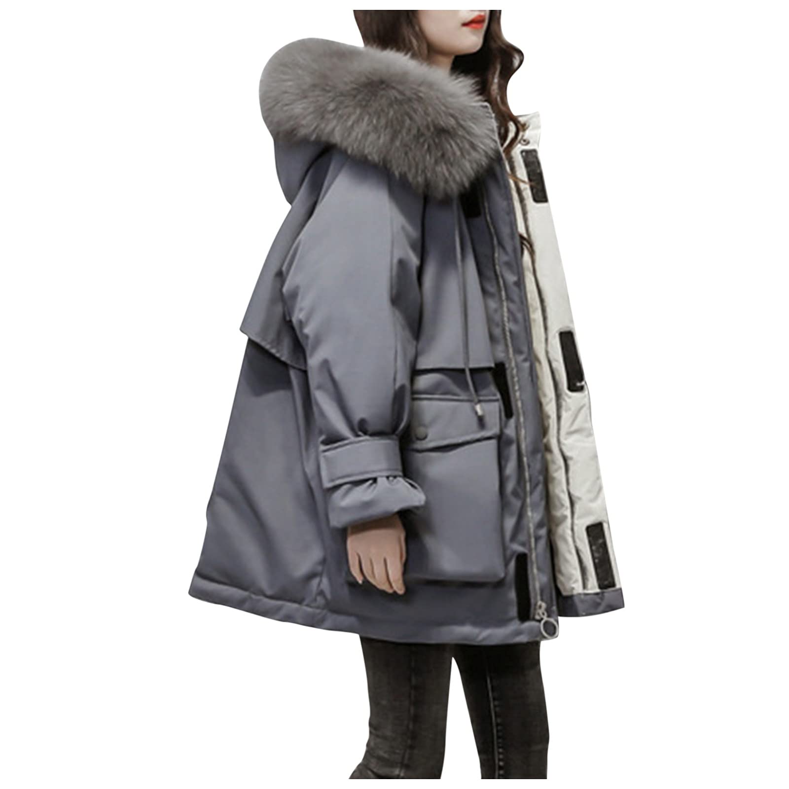 Women's Winter Fashion Jacket - Long Plush Collar Cotton-Padded Hooded Coat with Suede Pockets & Zipper | Warm Outerwear for Casual Outings, Travel & Daily Wear