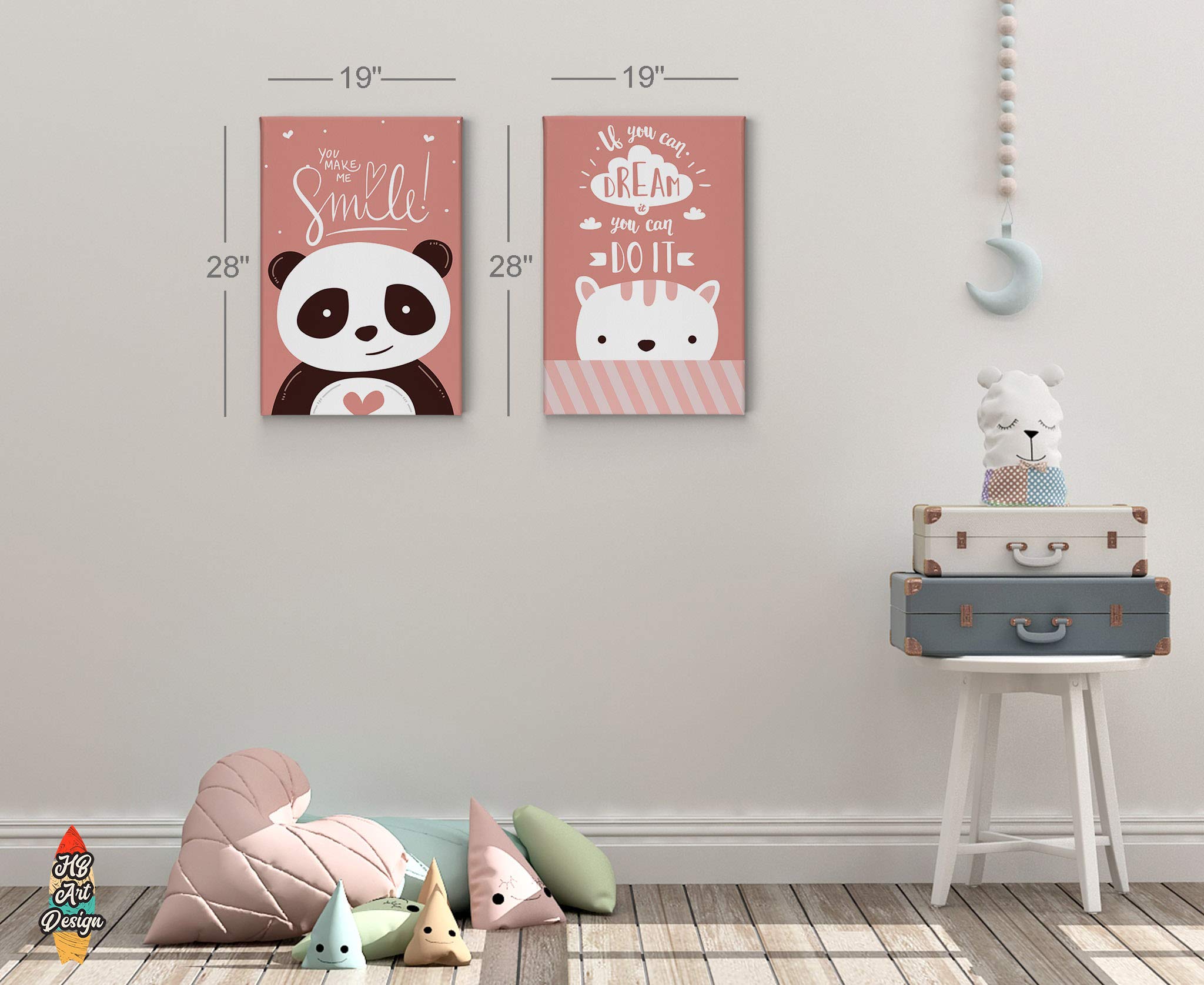 Cute Panda Tiger Motivational Wall Art - 2 Panel Canvas Print Set for Nursery, Baby Girl & Boy Room, Kids Room Decor - Handmade in USA (40x30 inches x2) - Perfect for Playrooms, Bedrooms & Gift Giving