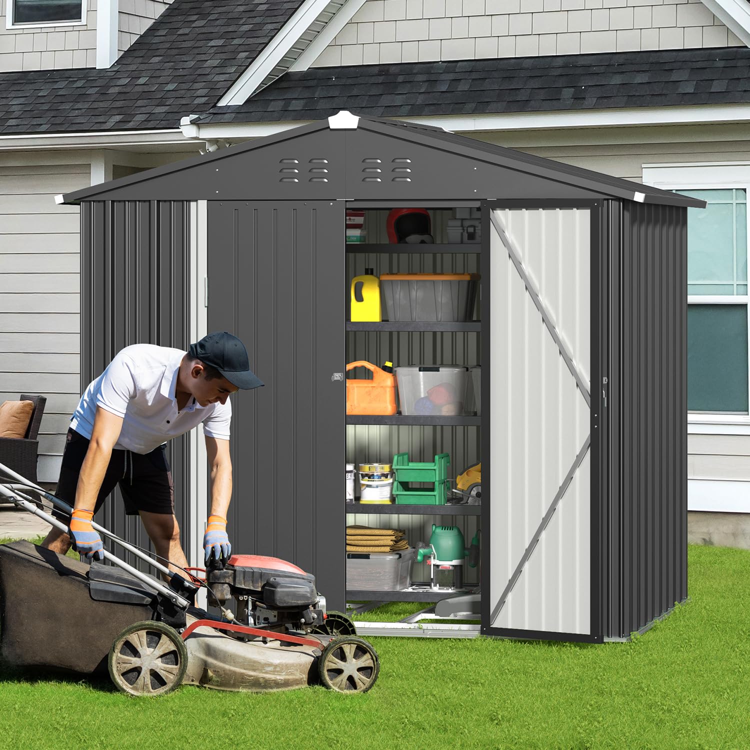 Gizoon 8x6 FT Galvanized Metal Outdoor Storage Shed - Double Lockable Doors, Weatherproof Garden Shed for Backyard, Patio & Lawn Organization (Dark Grey) | Perfect for Storing Tools, Equipment & Seasonal Items