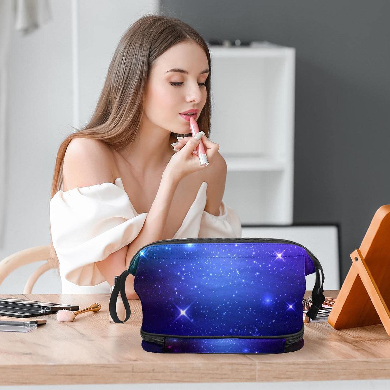 Stylish Large Makeup Bag for Women - Waterproof Travel Cosmetic Organizer with Brush Holder, Sky Purple Galaxy Design - Perfect for Travel, Gym & Daily Use