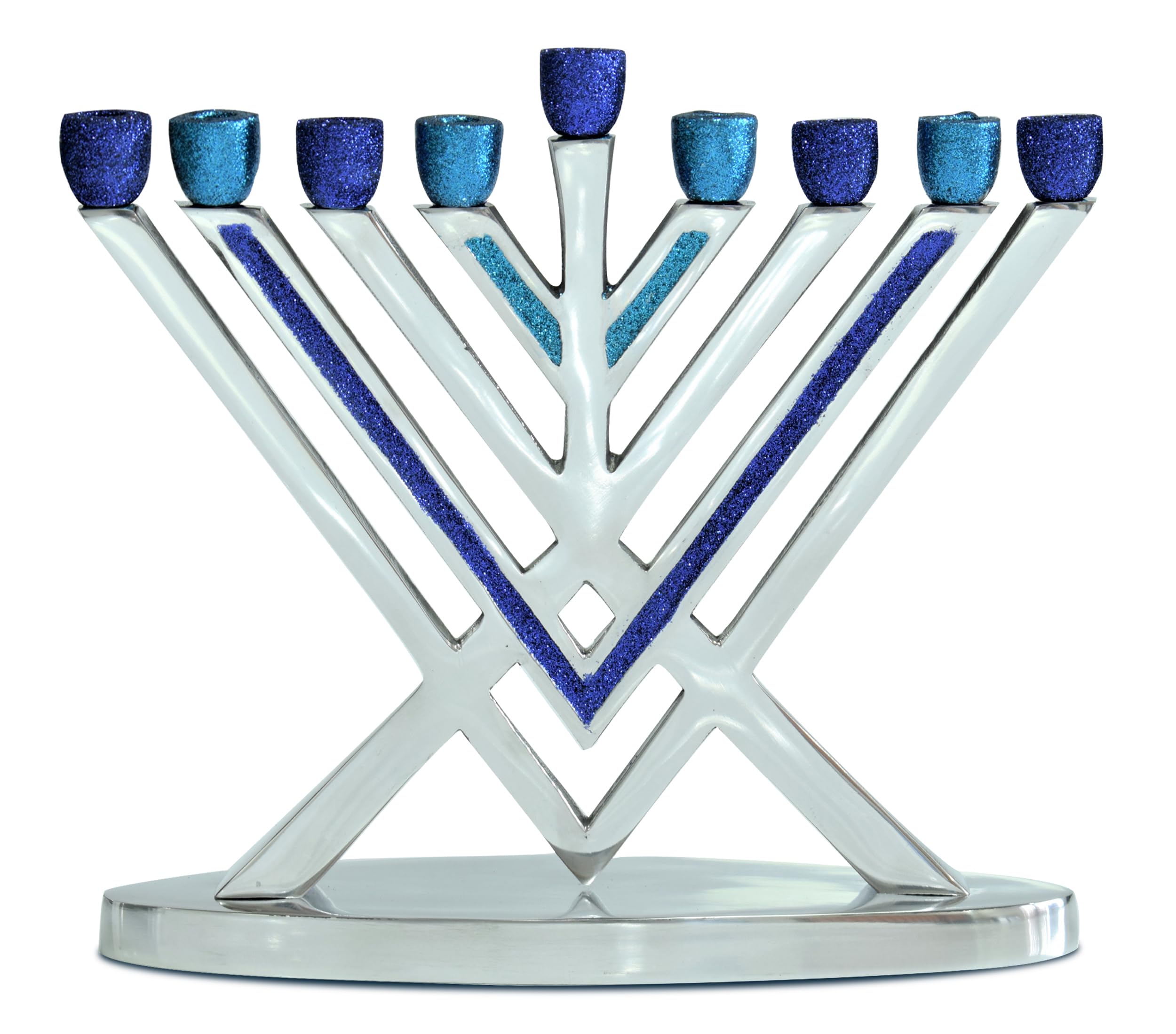 Blue Glitter Aluminum Chabad Hanukkah Menorah - Modern Artistic Decorative Candle Menorah for Chanukah - Fits All Standard Hanukkah Candles - Perfect for Home Decor, Jewish Holidays & Gift Giving