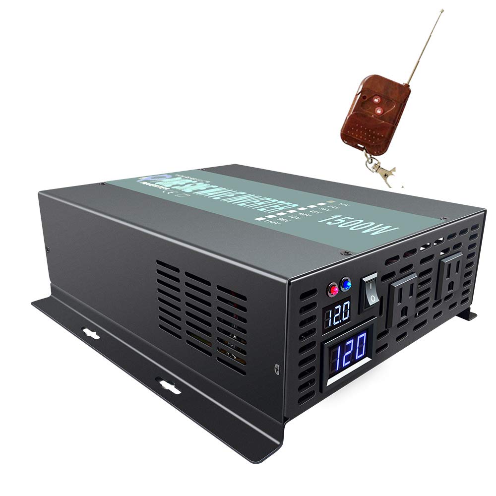 1500W Pure Sine Wave Power Inverter 12V DC to 120V AC with Remote Control - Solar Energy Converter for RV, Boat, Home & Off-Grid Power Supply