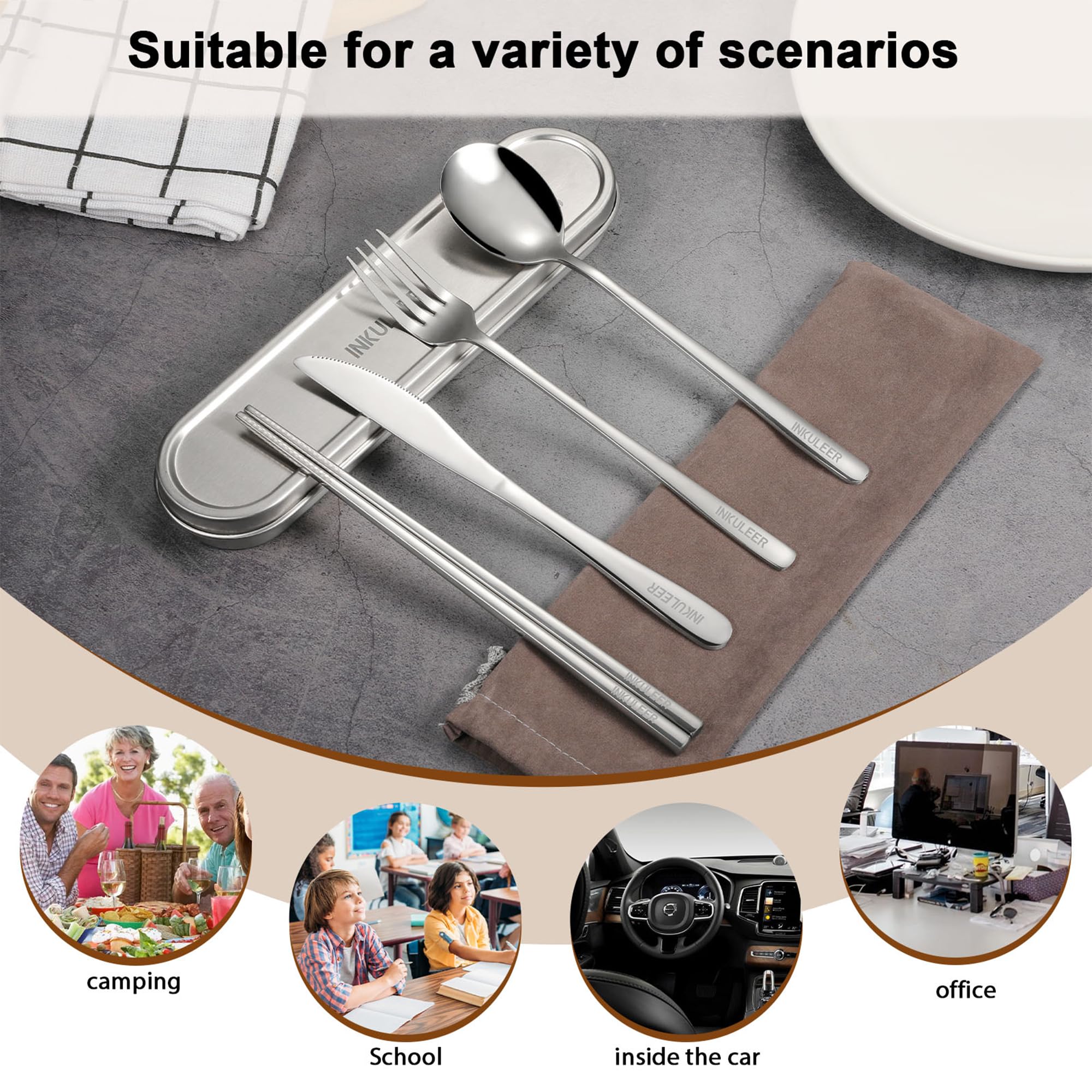 Premium Travel Cutlery Set - 18/8 Stainless Steel Reusable Utensils with Durable Metal Case | Compact Silverware for Camping, Hiking, Office, Travel & Outdoor Dining | Eco-Friendly Cutlery for Picnics, Road Trips & Sustainable Living