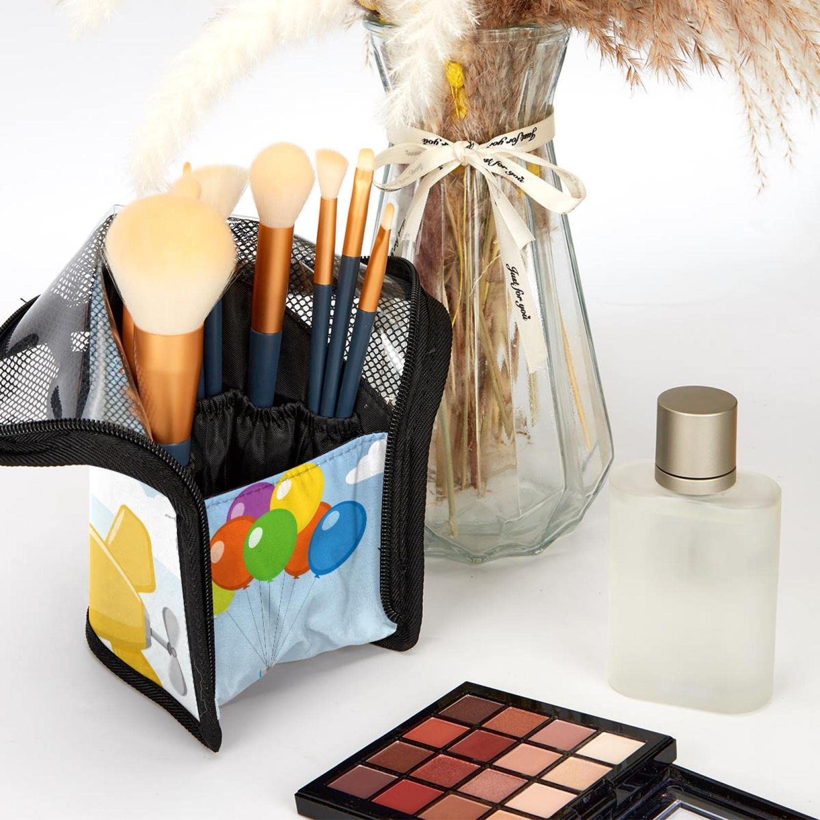 Portable Makeup Brush Organizer Bag with 12 Slots - Cute Balloon & Airplane Cartoon Design - Travel Makeup Brush Holder Case for Professional Makeup Artists & Beauty Lovers (Great for Travel, Home & Salon Use)