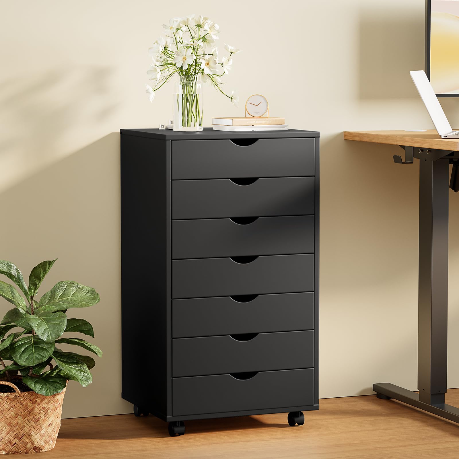 Sweetcrispy 7-Drawer Rolling Dresser with Wheels - Wooden Mobile Storage Cabinet for Bedroom, Office & Home Organization - Black Wood Finish - Perfect for Small Spaces, Closet Storage & Dorm Room Essentials