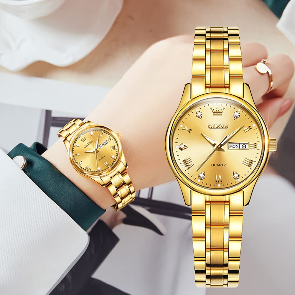OLEVS Women's Gold Stainless Steel Waterproof Analog Watch with Date & Day - Small Face Quartz Movement, Fashion Gold/Black/White Dial Ladies Wristwatch - Perfect for Office, Party & Everyday Wear