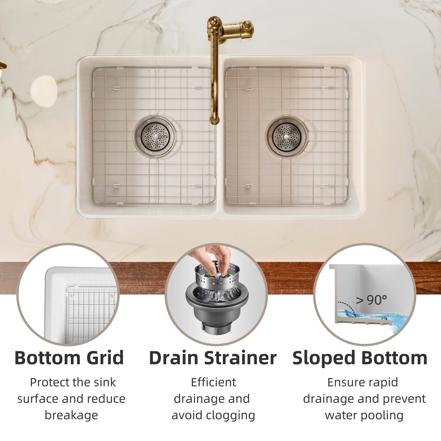 32 Inch Double Bowl White Fireclay Kitchen Sink - 50/50 Split Undermount/Drop-In Design - 32