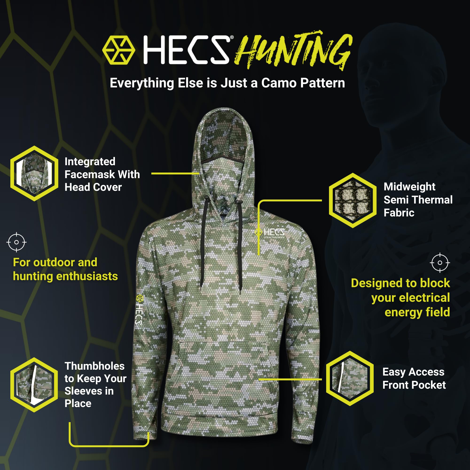 HECS Stealth Screen Hunting Hoodie with Face Mask - Camouflage Apparel for Deer, Turkey & Big Game Hunting - Unisex Outdoor Gear for Concealment & Stealth Hunting