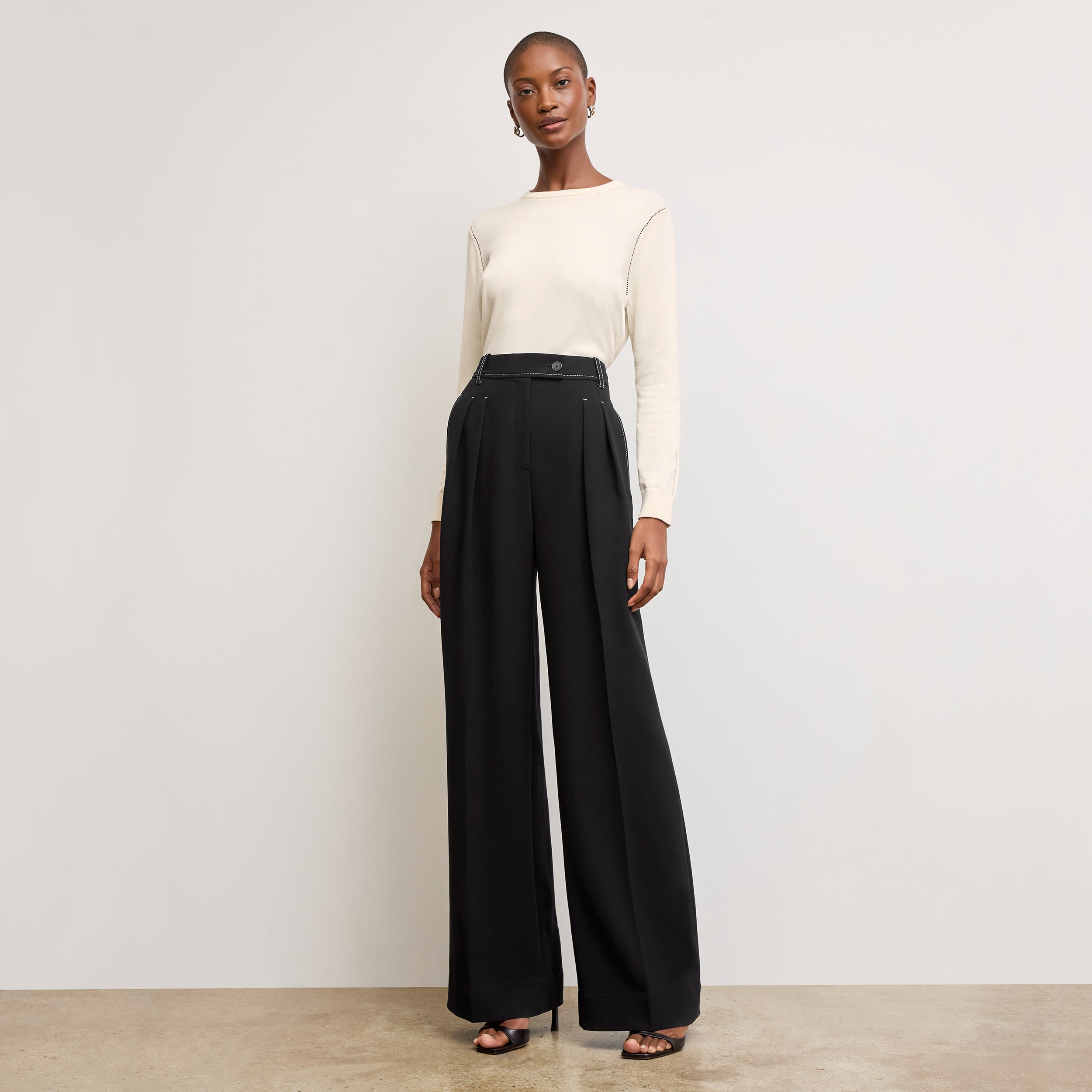 Bia Pleated Trousers for Women - High Waist Everyday Crepe Pants with Topstitch Detail - Comfortable Office Work Pants - Black - Perfect for Business Casual & Professional Wear