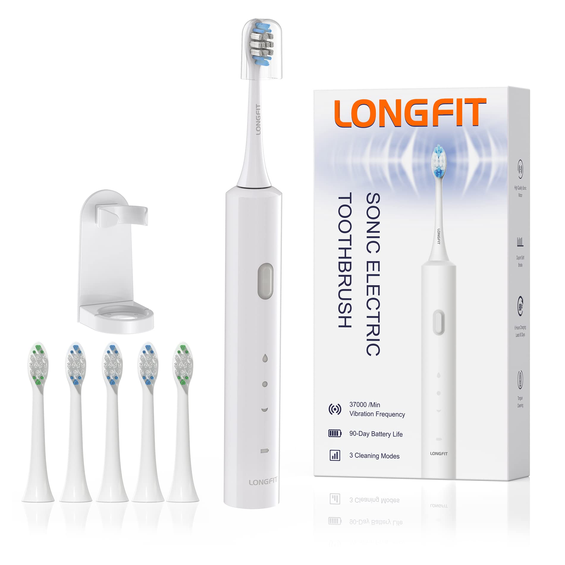 **Long Fit Electric Toothbrush for Adults – Ultrasonic 37,000 VPM, 5 Replacement Heads, 90-Day Battery Life, Sensitive & Massage Modes – Perfect for Travel, Home, and Sensitive Teeth Care**