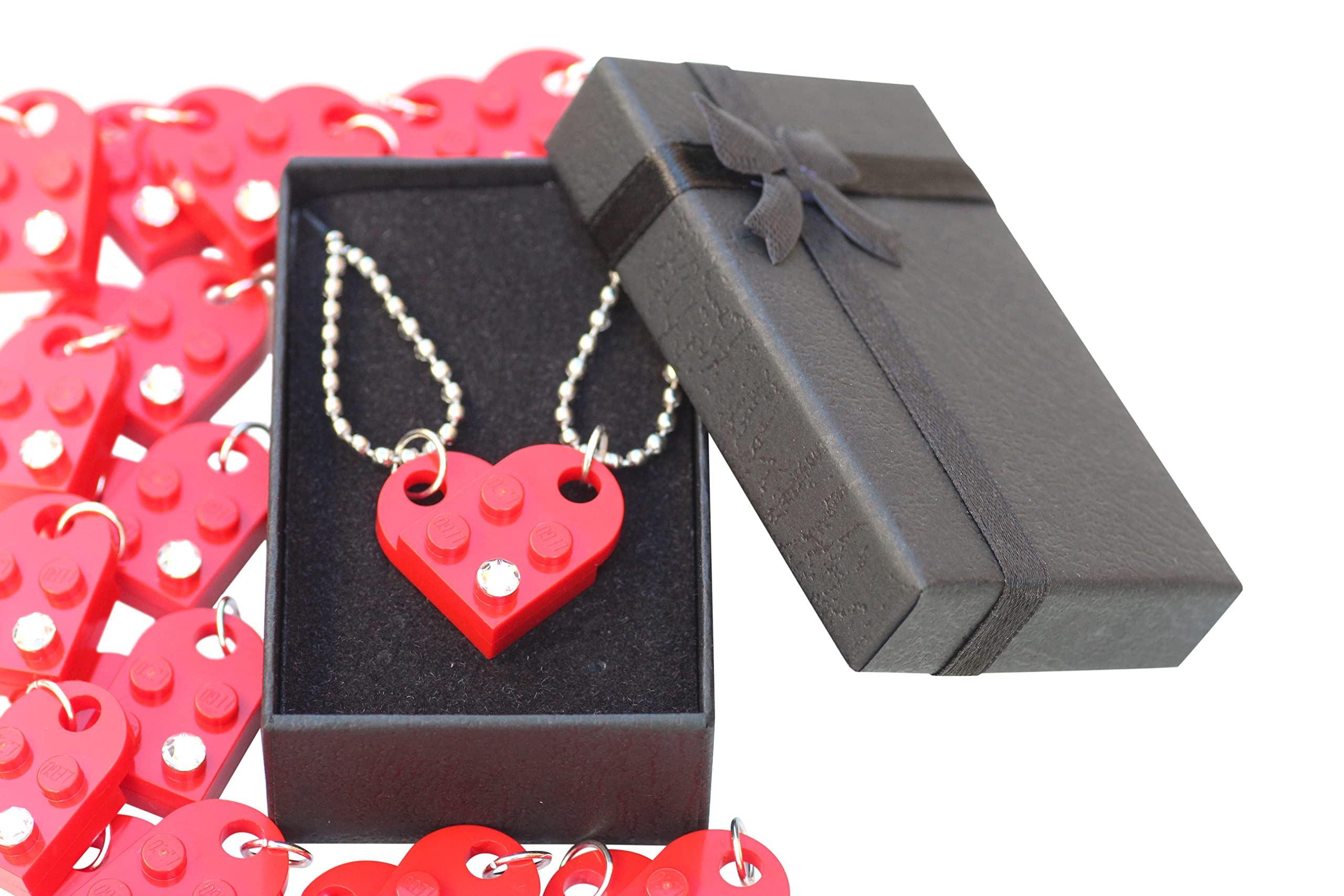 Brick Heart Lego Necklace with Swarovski Crystal - 2 Bricks & 2 Silver Ball Beads - Stylish Black Gift Box - Perfect Friendship & Romantic Gift for Couples, BFFs, Him or Her - By TANTANBRICKS4U | Great for Anniversaries, Valentine's Day & Special Occasions