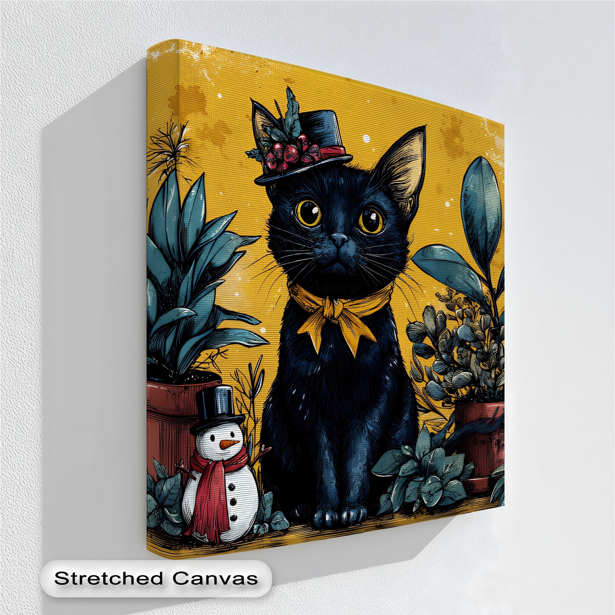 Black Cat with Holiday Hat and Yellow Ribbon - Festive Cat Canvas Print Wall Art for Christmas Home Decor, Living Room, Bedroom & Office