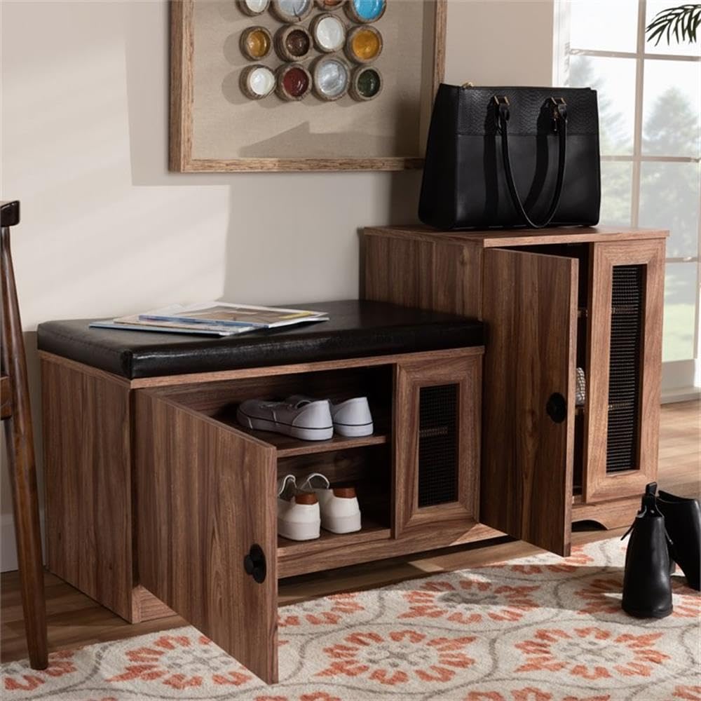 BOWERY HILL Brown Faux Leather 2-Door 5-Shelf Wooden Shoe Storage Bench with Seat - Organize Shoes, Hats & Accessories in Entryway, Bedroom or Closet
