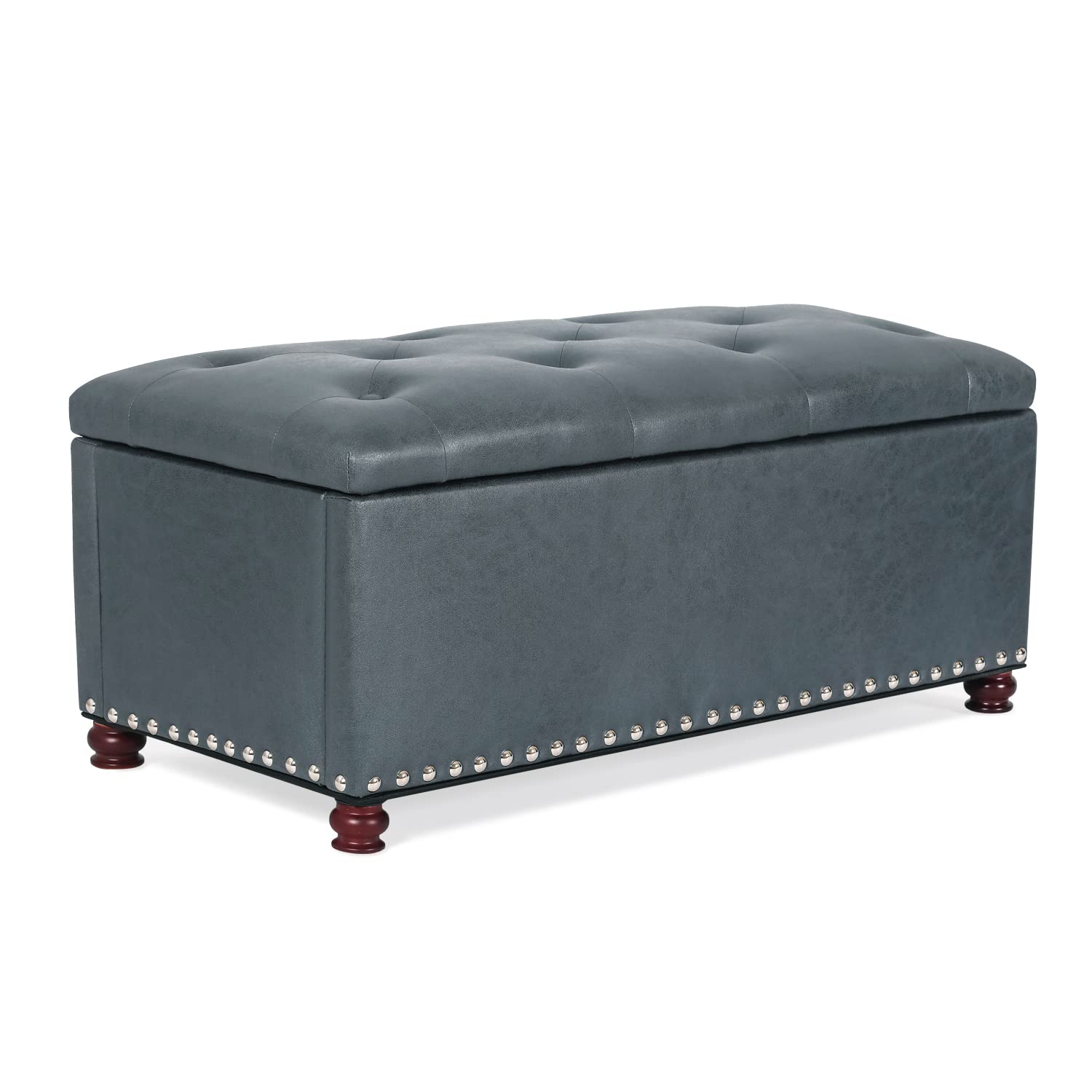 Furnistar Storage Ottoman Bench - Button Tufted Faux Leather Rectangular Wide Seat with Storage for Living Room, Bedroom & Kids' Room | Steel Blue Toy Chest & Footrest | Easy Assembly Required | Perfect for Home Organization & Extra Seating