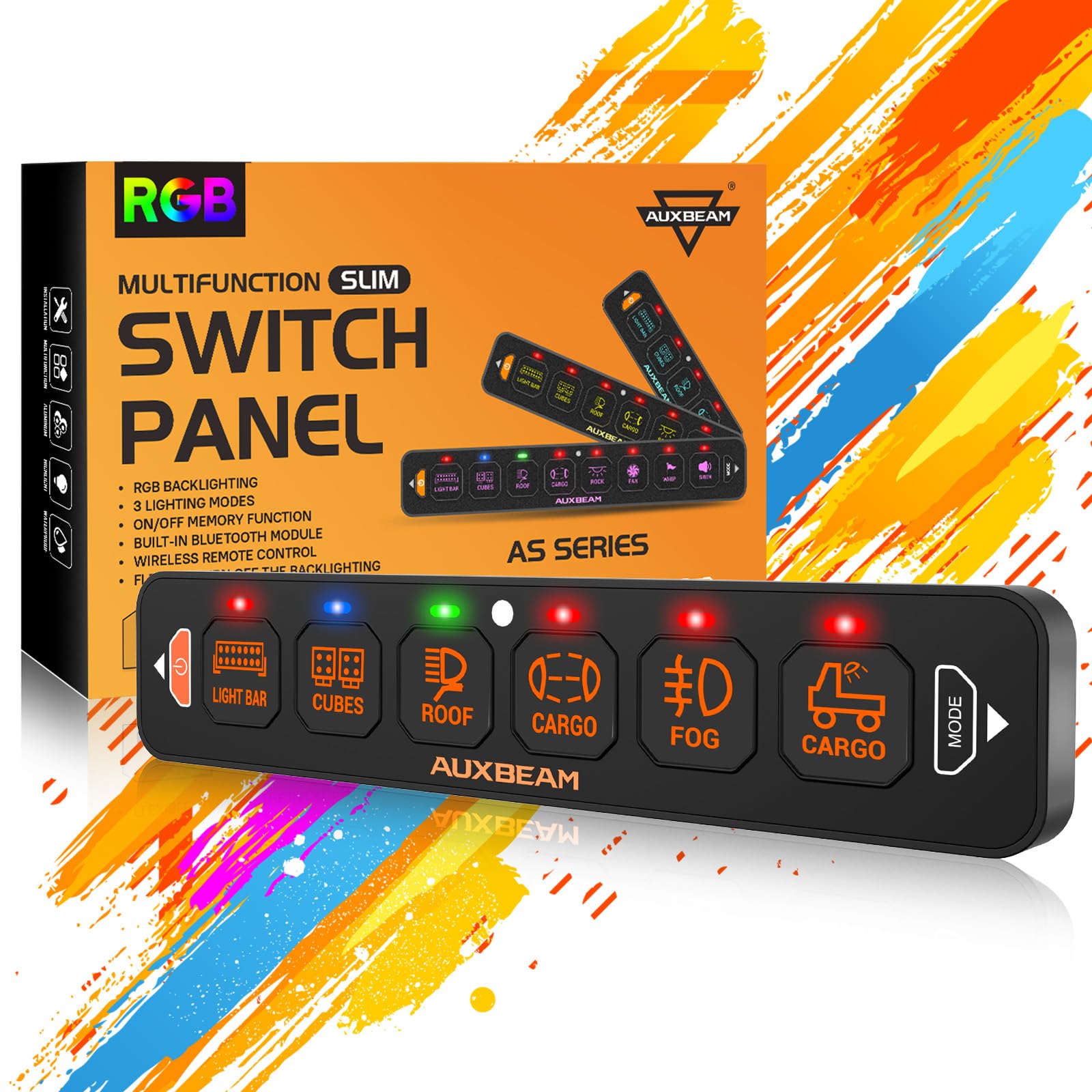 Auxbeam 6 Gang Slim RGB Switch Panel AS-R60 - 12-24V Waterproof Dimmable LED Toggle Switch Panel with Momentary Pulsed Function & Off Backlight - Perfect for Trucks, Offroad Vehicles, Boats & Marine Applications - 2 Year Warranty