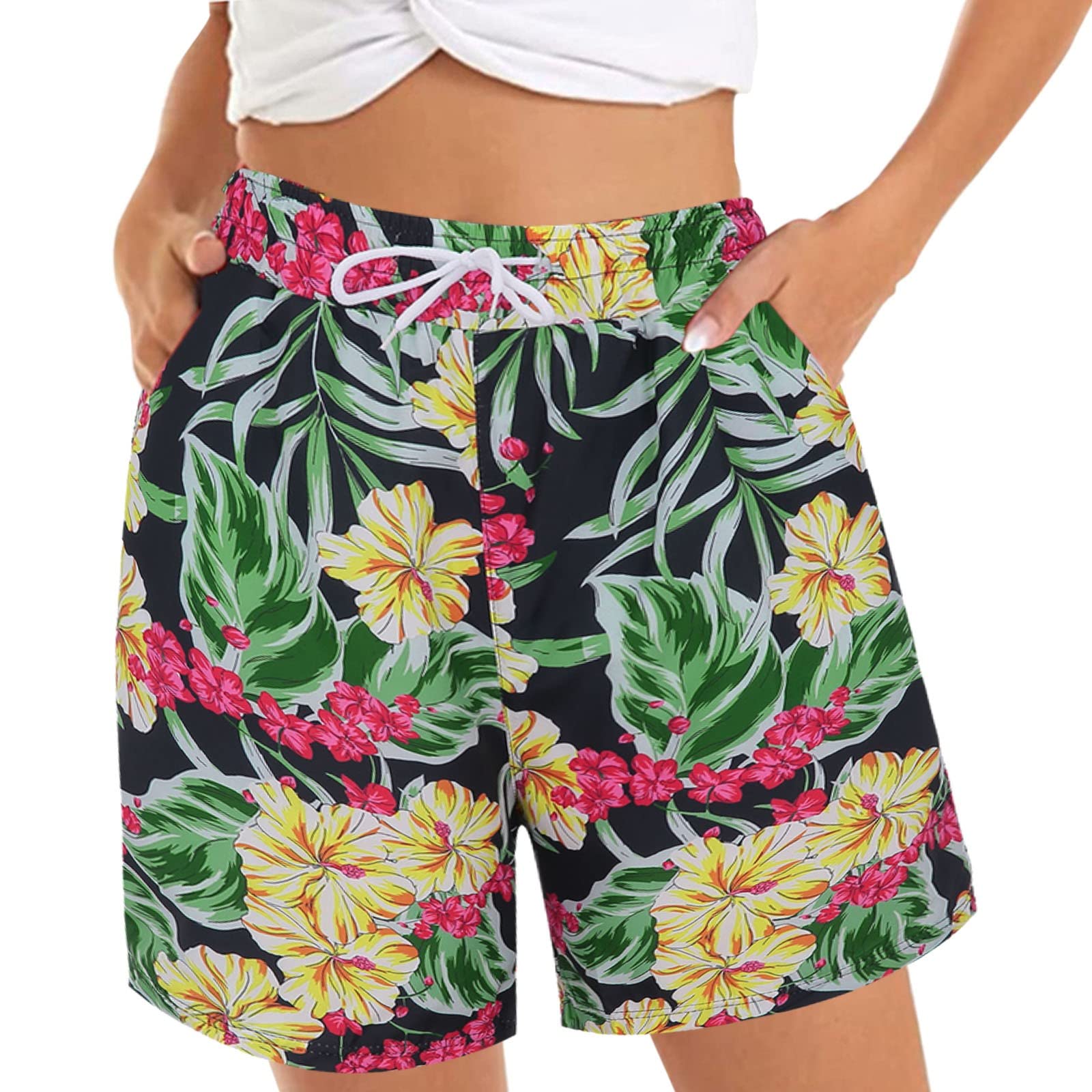 Women's Denim Overalls Shorts - Stretch Elastic Waist Floral Print Casual Summer Shorts for Beach, Outing & Daily Wear | Comfy & Stylish Women's Fashion