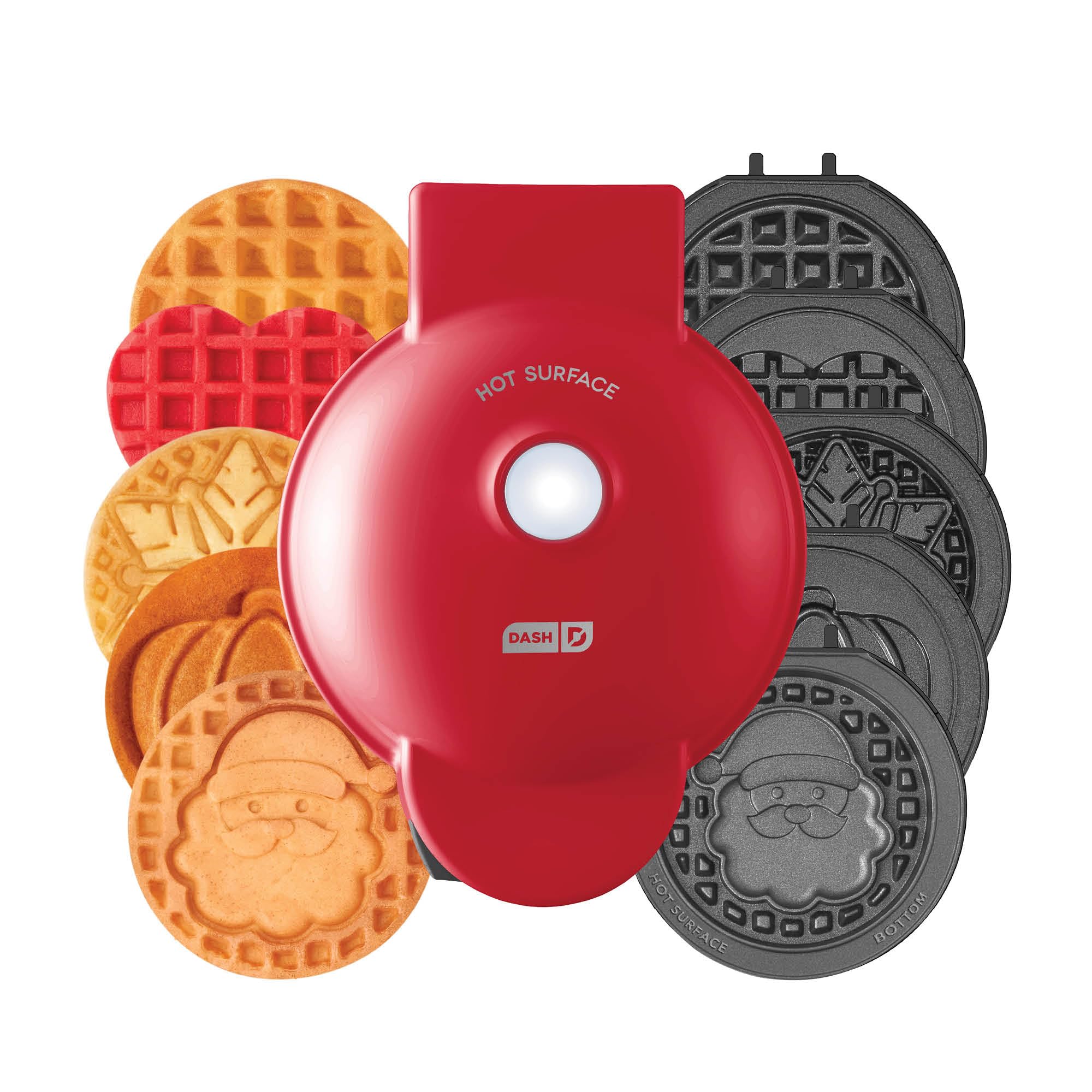 DASH Holiday Mini Waffle Maker with 6 Removable Plates - 4-in-1 Waffle Iron & Griddle for Kids & Families - Nonstick Santa Waffle Maker (Red) - Perfect for Christmas Breakfast, Family Gatherings & Holiday Parties