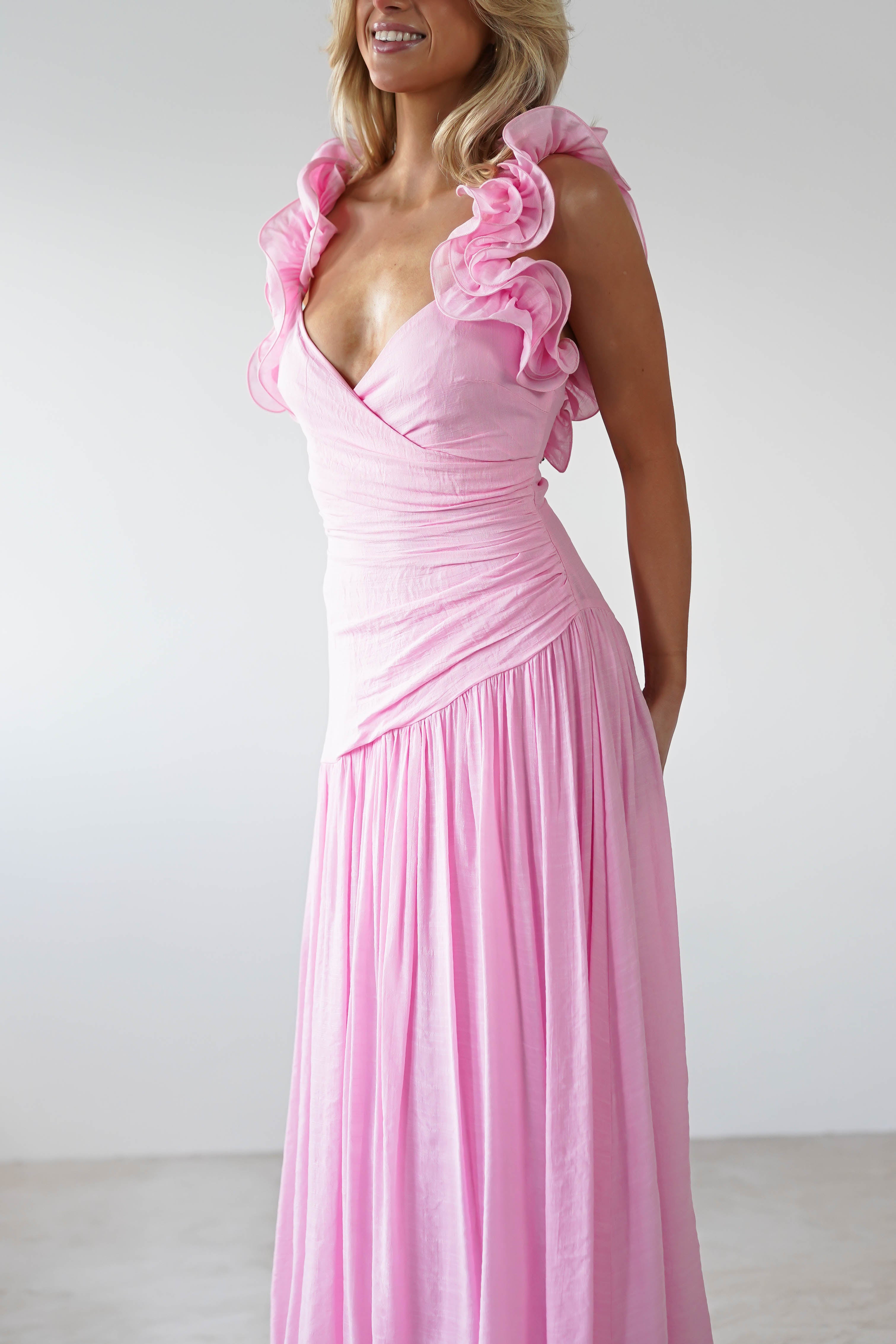 Lara Ruffle Detail Midaxi Dress in Pink - Elegant Floral Print Party Dress for Women, Perfect for Weddings, Cocktails & Special Occasions