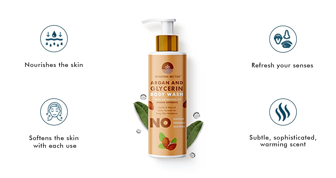 Riverside Nectar Argan Oil & Glycerin Body Wash - Organic, Hydrating, Cruelty-Free Shower Gel (250ml Pump Bottle) | Deep Moisturizing for Dry Skin, Daily Body Cleanser for Soft & Smooth Skin