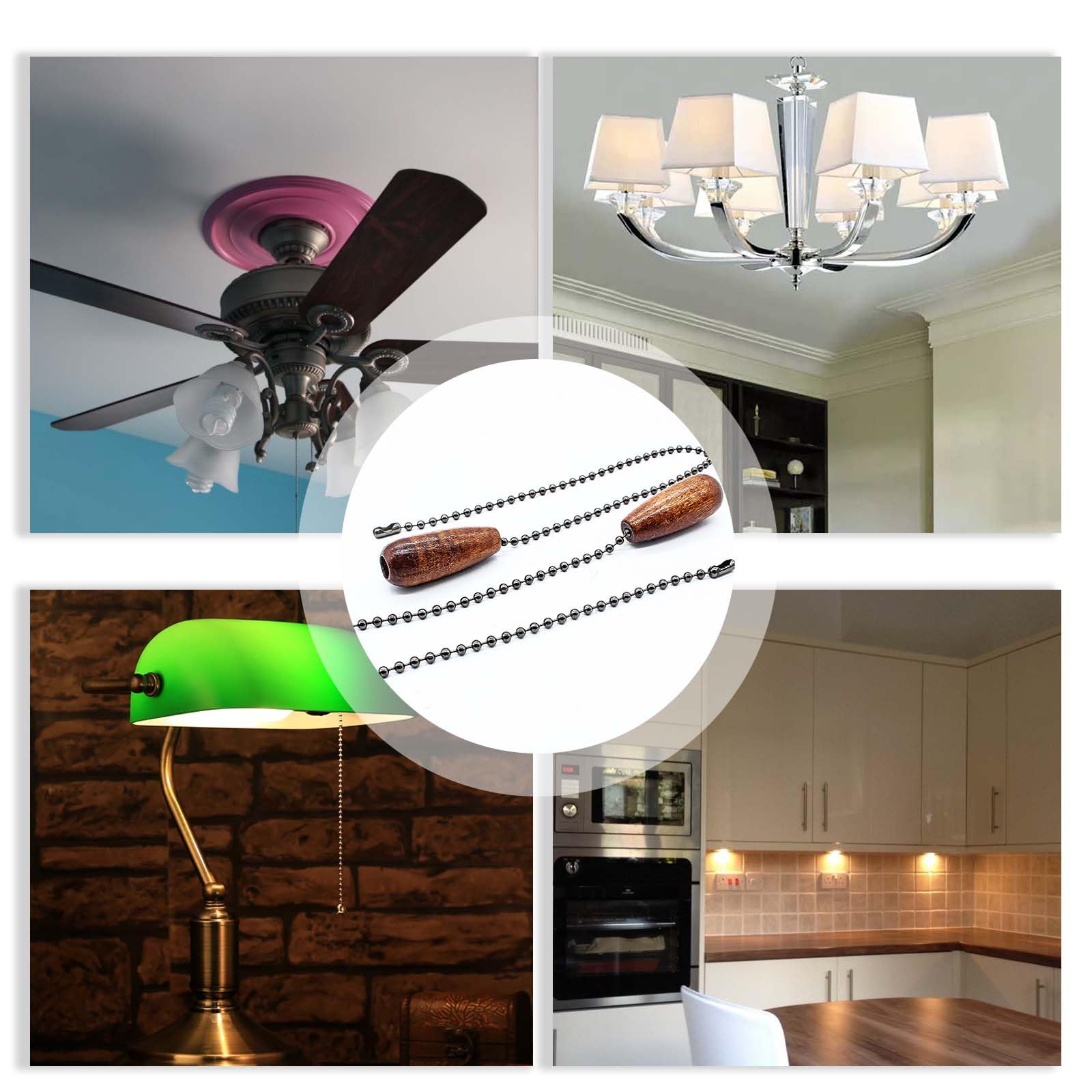 2Pcs Brown Wooden Ceiling Fan Pull Chain Extender - Decorative Fan Chain Replacement for Light Lamp, Perfect for Living Room, Bedroom, and Office Decor