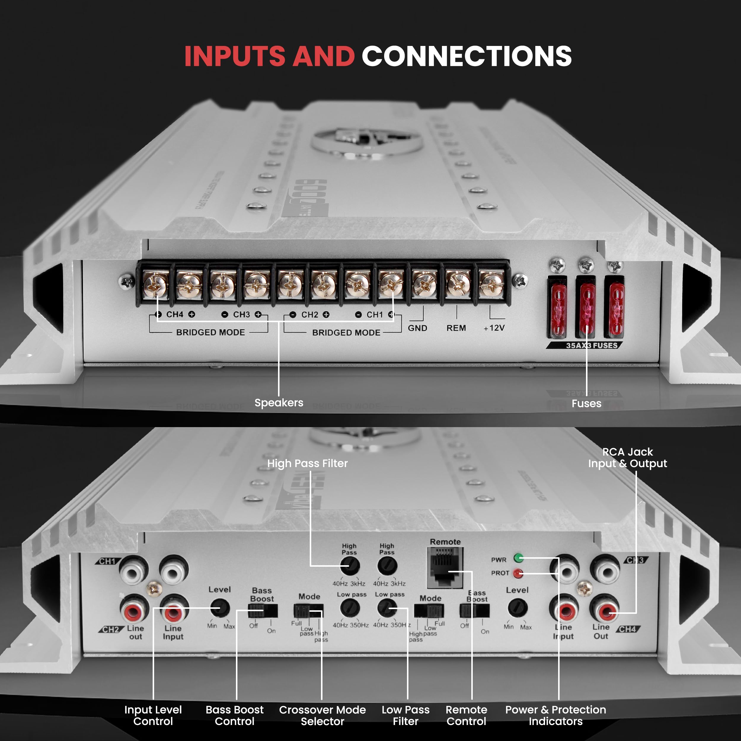Lanzar Premium 5000W 4-Channel Car Audio Amplifier with RCA Input, Subwoofer Bass Control, LED Indicator - VIBE442N.5 (Gray) | Power Amp for Car Stereo System, Truck & SUV Audio Upgrade | Perfect for Bass Lovers & Car Audio Enthusiasts