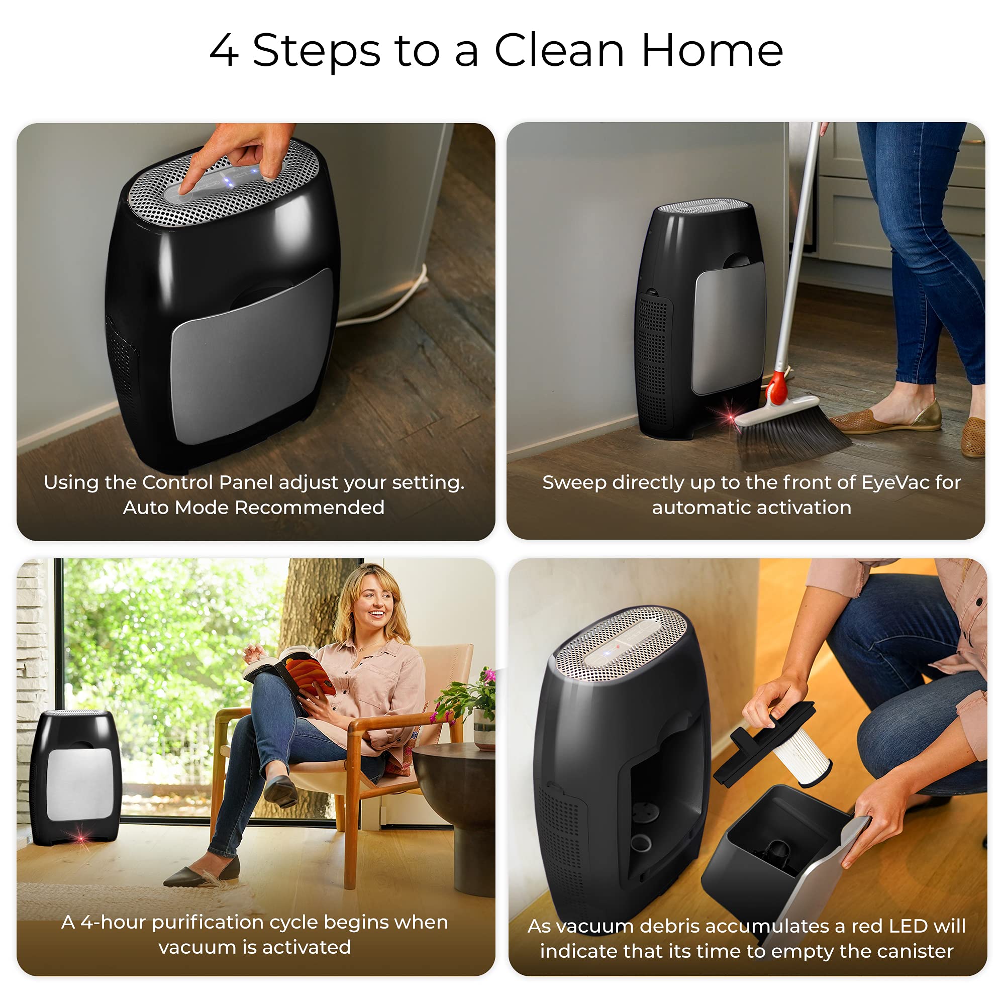 EyeVac Air 2-in-1 HEPA Air Purifier & Touchless Automatic Vacuum Dustpan - Ultra Powerful 1000W Corded Canister Vacuum for Home & Office - Bagless Design with Smart Sensors - Covers 600 Sq ft - Black/Silver (Renewed) - Perfect for Hardwood Floors, Pet Hair & Allergy Relief