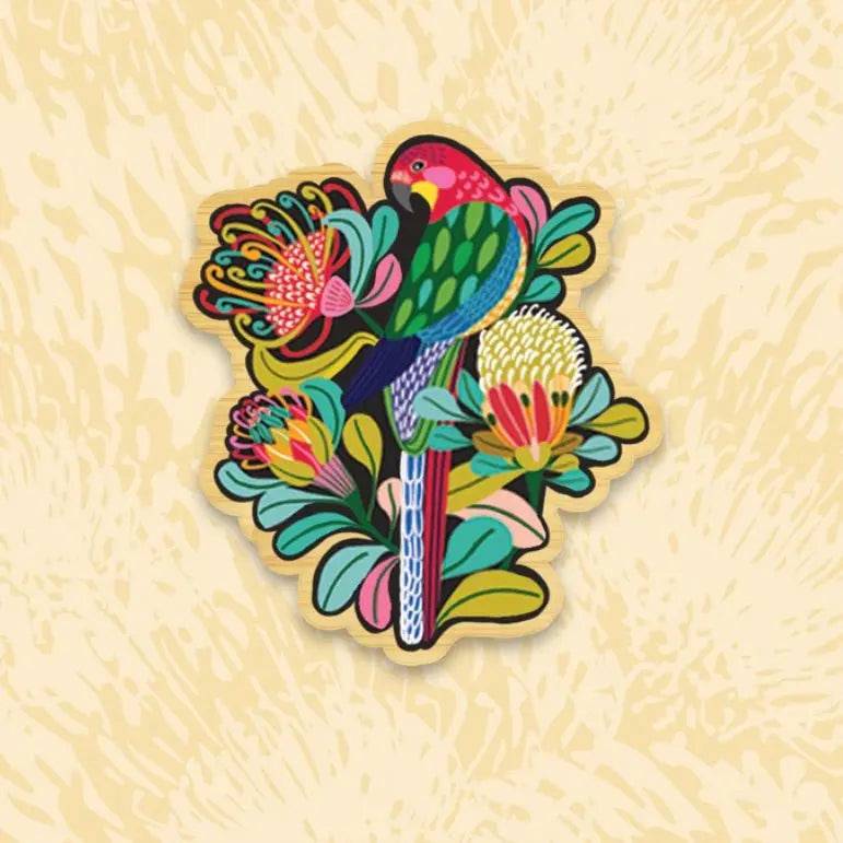 Handmade Australian Rosella Bird Wooden Brooch - Unique Nature-Inspired Jewelry for Women - Perfect for Casual Wear, Gift Giving & Bird Lovers