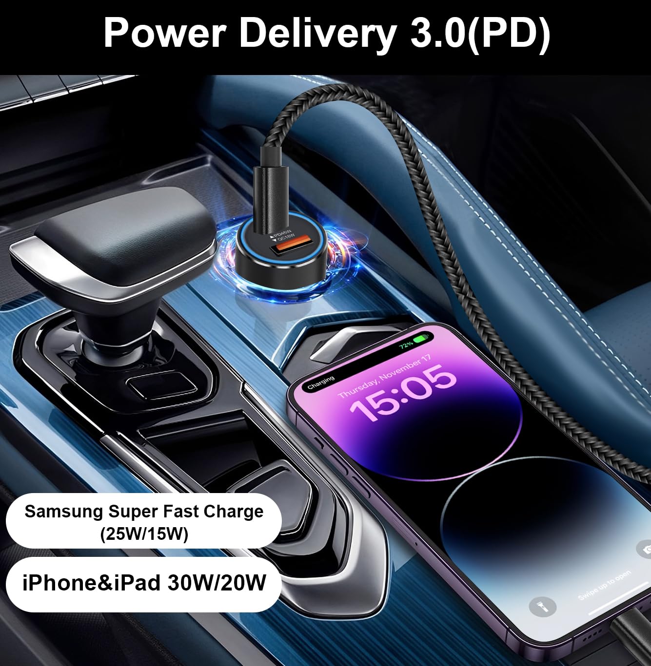 63W Fast Car Charger with USB-C & USB-A Ports for Samsung Galaxy S24/S24+/S25/S25 Ultra/S23 FE/S22/S21/A Series - Dual Port 45W PD & 18W Quick Charge - Perfect for Road Trips & Daily Commute