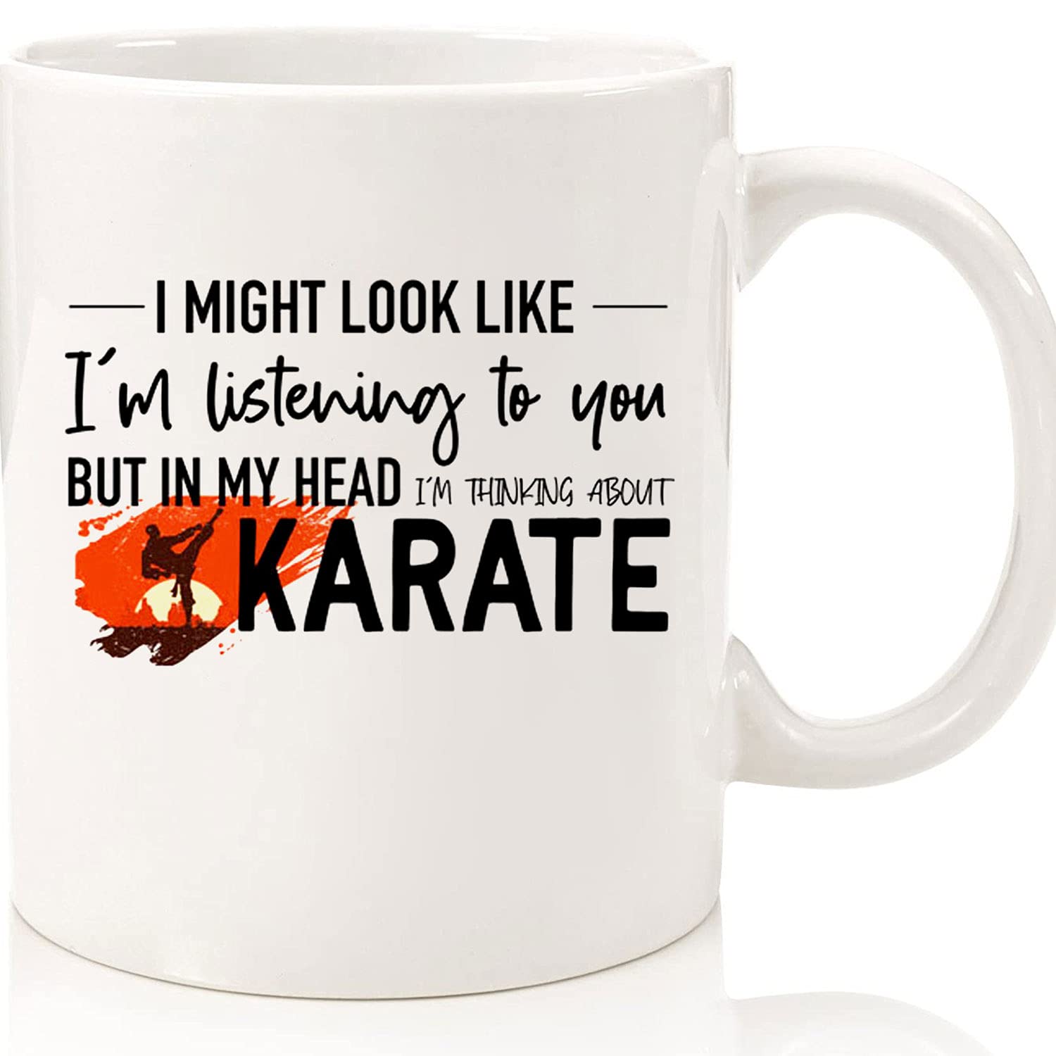 Karate Coffee Mug - Thinking About Karate Ceramic Cup | Martial Arts Gift for Men & Women | 11oz & 15oz Black Belt Tea Cup | Perfect for Dojo Training, Office Use & Martial Arts Enthusiasts