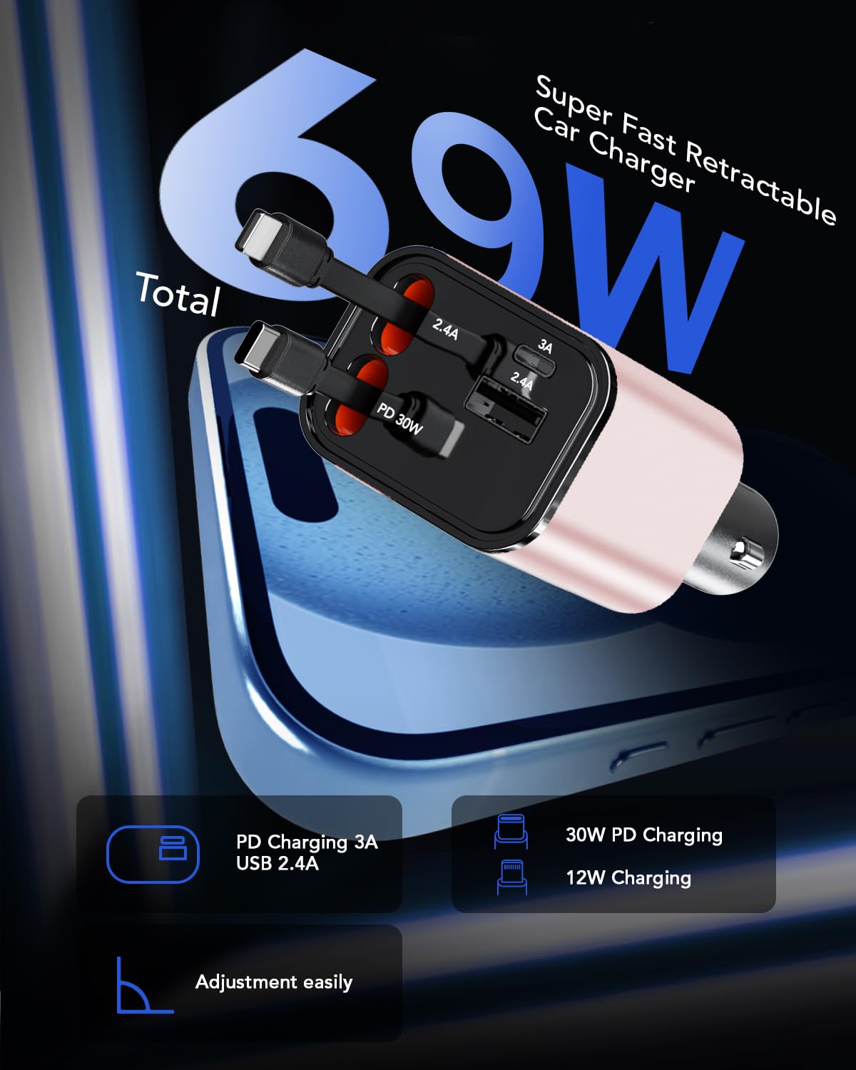 69W 4-in-1 Retractable Car Charger with 2 USB Ports & 2 Retractable Cables - Fast Charging for iPhone 16/15/14/13/12/11, Samsung Galaxy & Google Pixel - Perfect for Road Trips, Commuting & Emergency Charging