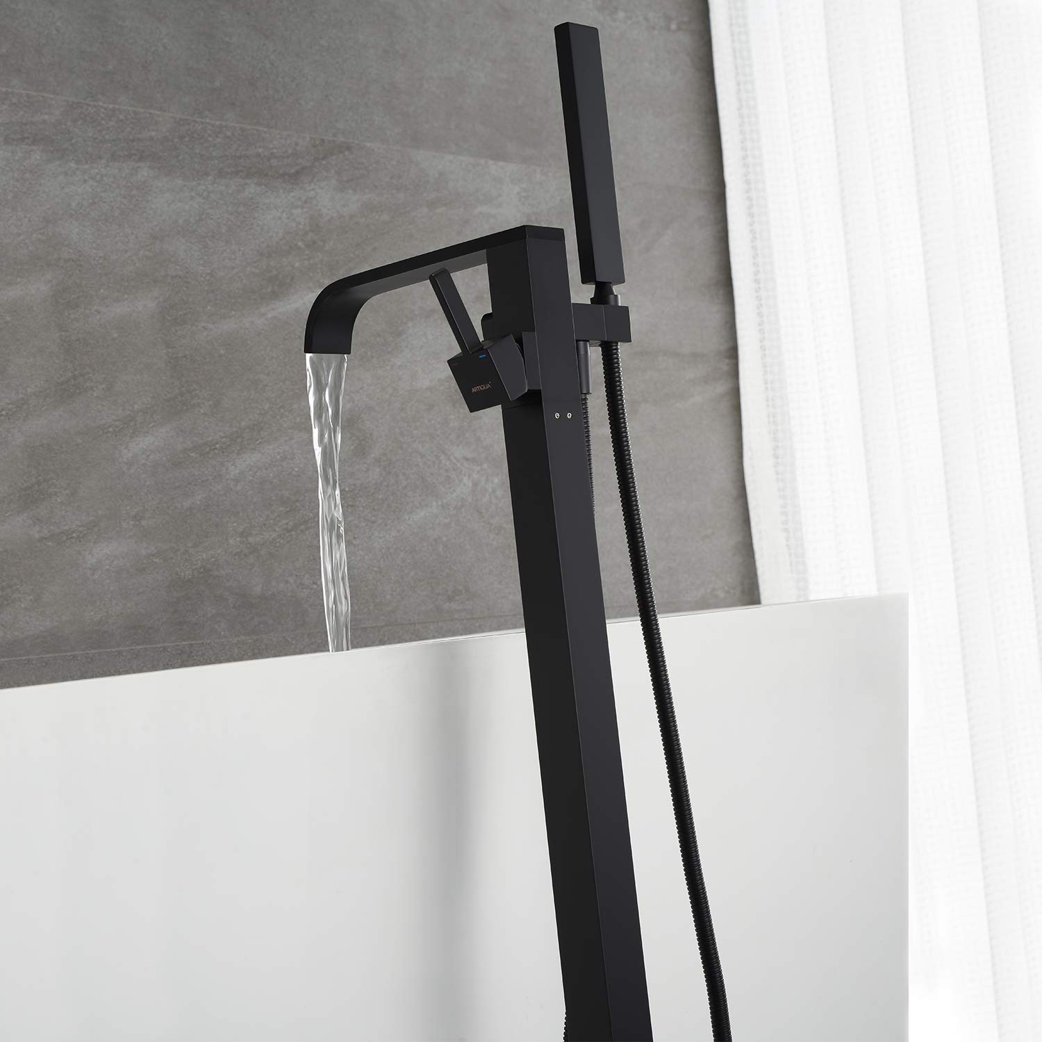 Freestanding Bathtub Faucet - Black Floor Mount Tub Filler with Hand Shower | Single Handle Brass Bathroom Faucet for Modern Luxury Bathrooms